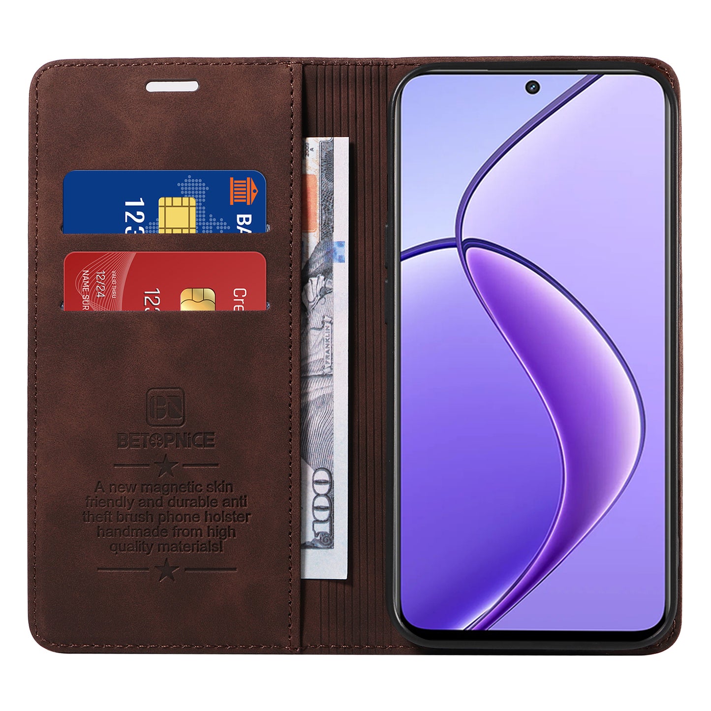 BETOPNICE 003 For Realme 12 Case RFID Blocking Wallet Drop-proof Phone Stand Cover - Brown