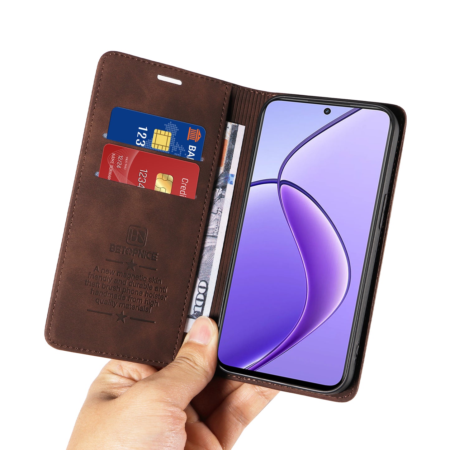 BETOPNICE 003 For Realme 12 Case RFID Blocking Wallet Drop-proof Phone Stand Cover - Brown