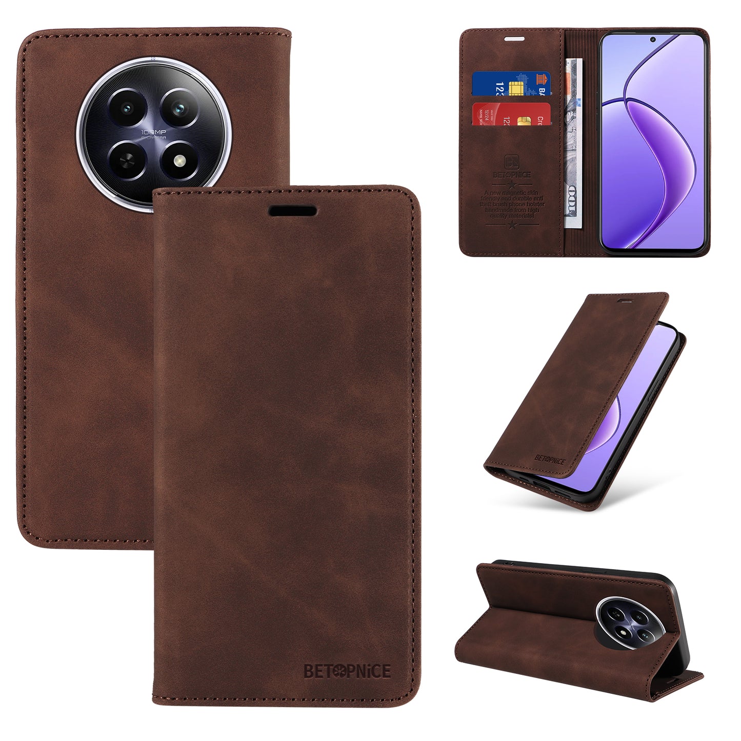 BETOPNICE 003 For Realme 12 Case RFID Blocking Wallet Drop-proof Phone Stand Cover - Brown