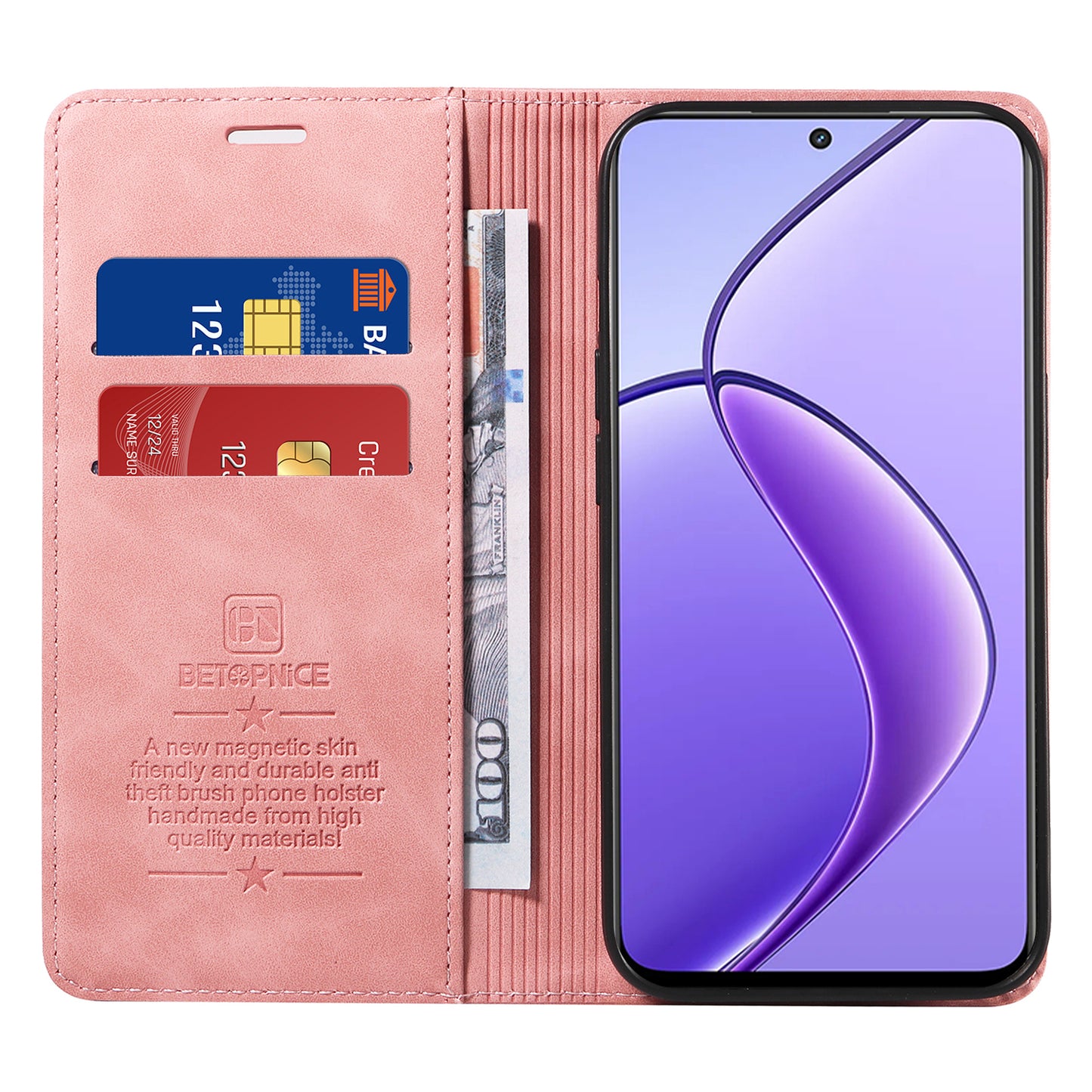 BETOPNICE 003 For Realme 12 Case RFID Blocking Wallet Drop-proof Phone Stand Cover - Pink