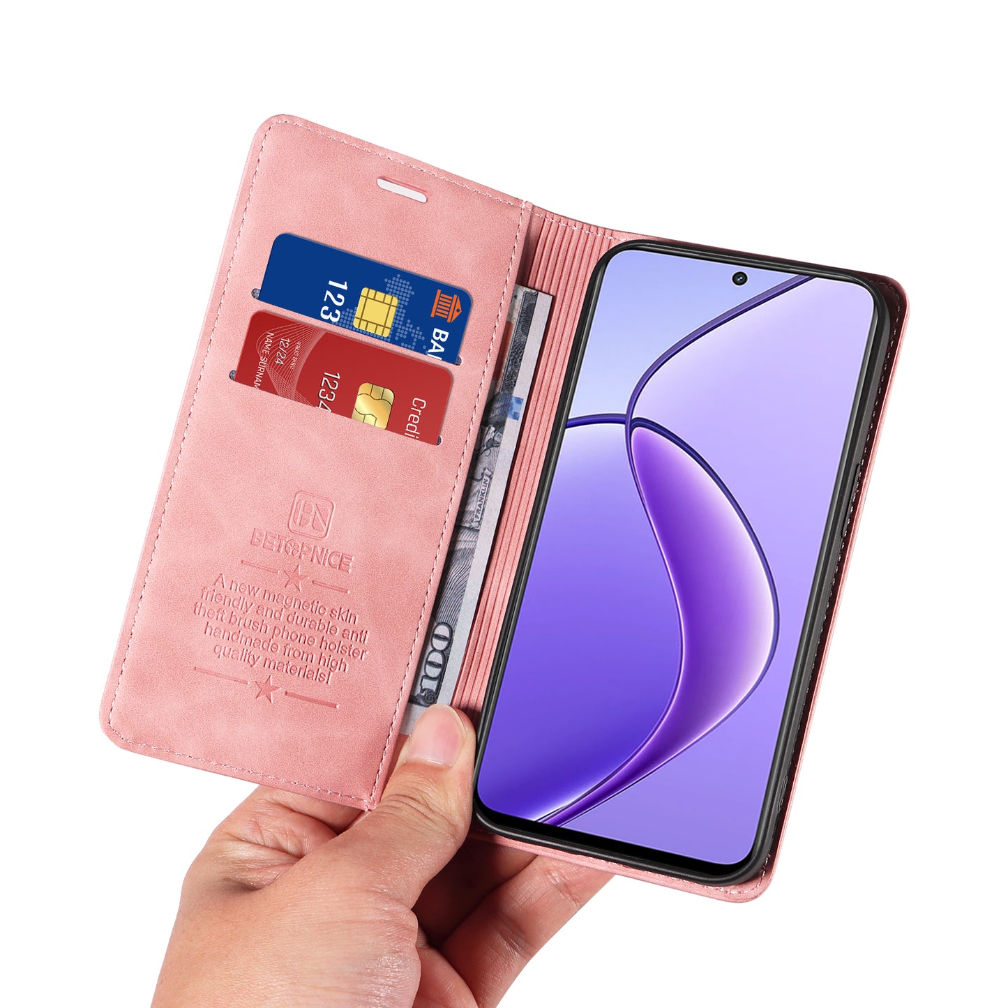 BETOPNICE 003 For Realme 12 Case RFID Blocking Wallet Drop-proof Phone Stand Cover - Pink