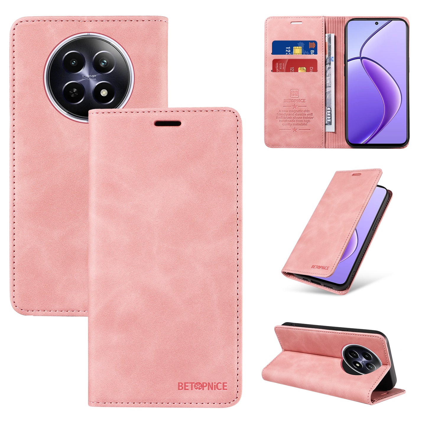 BETOPNICE 003 For Realme 12 Case RFID Blocking Wallet Drop-proof Phone Stand Cover - Pink
