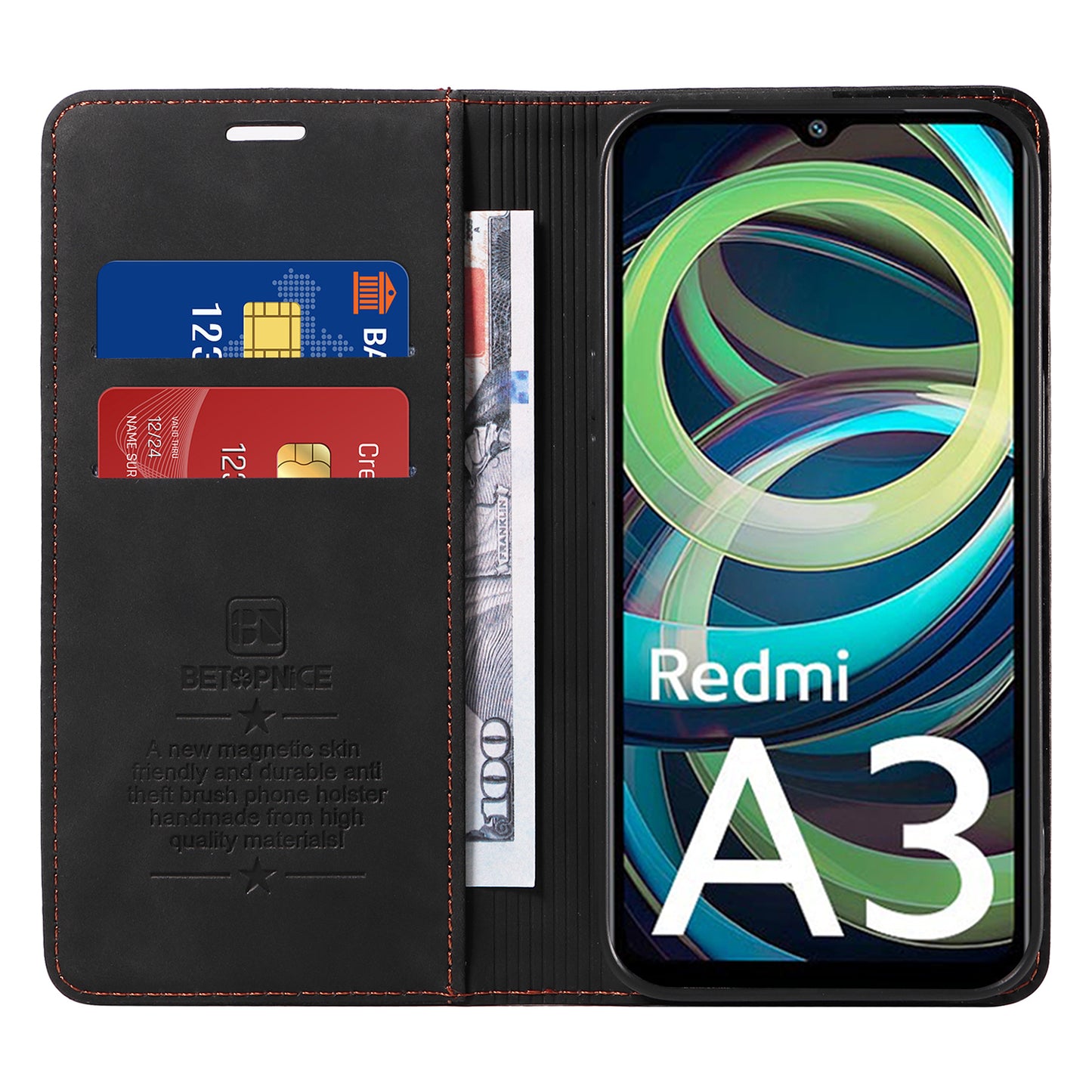 BETOPNICE 003 For Xiaomi Redmi A3 / Poco C61 4G Case RFID Blocking Wallet Leather+TPU Phone Protector - Black