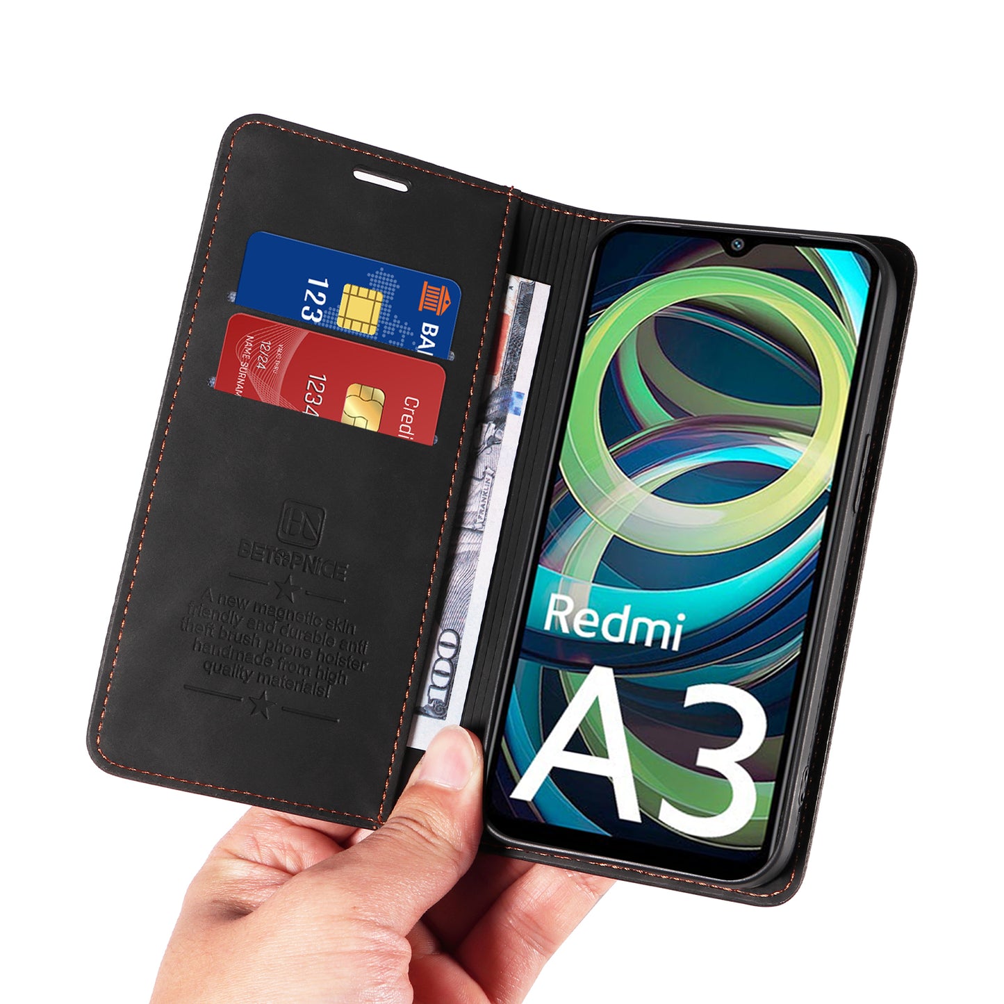 BETOPNICE 003 For Xiaomi Redmi A3 / Poco C61 4G Case RFID Blocking Wallet Leather+TPU Phone Protector - Black