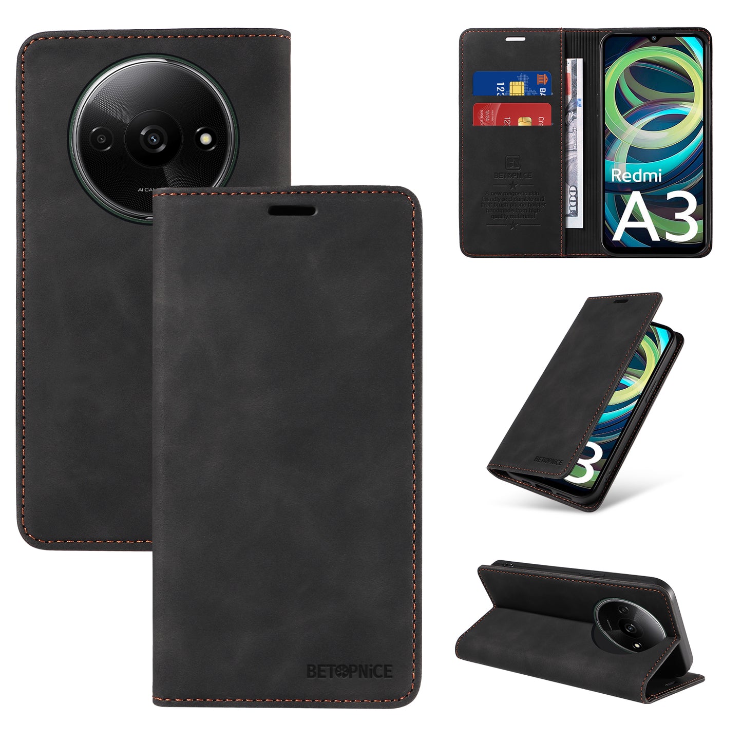 BETOPNICE 003 For Xiaomi Redmi A3 / Poco C61 4G Case RFID Blocking Wallet Leather+TPU Phone Protector - Black