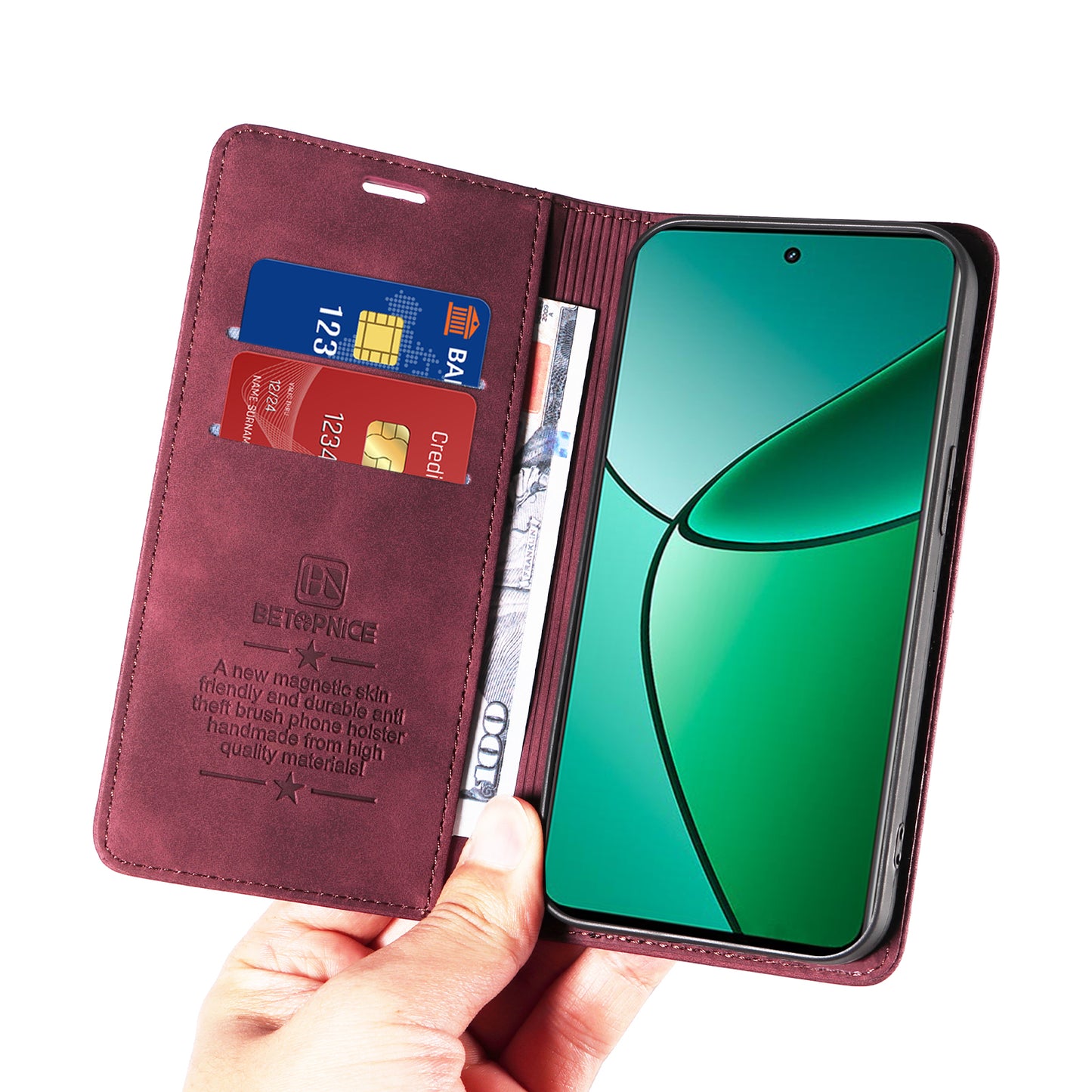 BETOPNICE 003 For Realme 12+ 5G / Narzo 70 Pro 5G Magnetic Case Card Slots RFID Blocking Phone Cover - Red