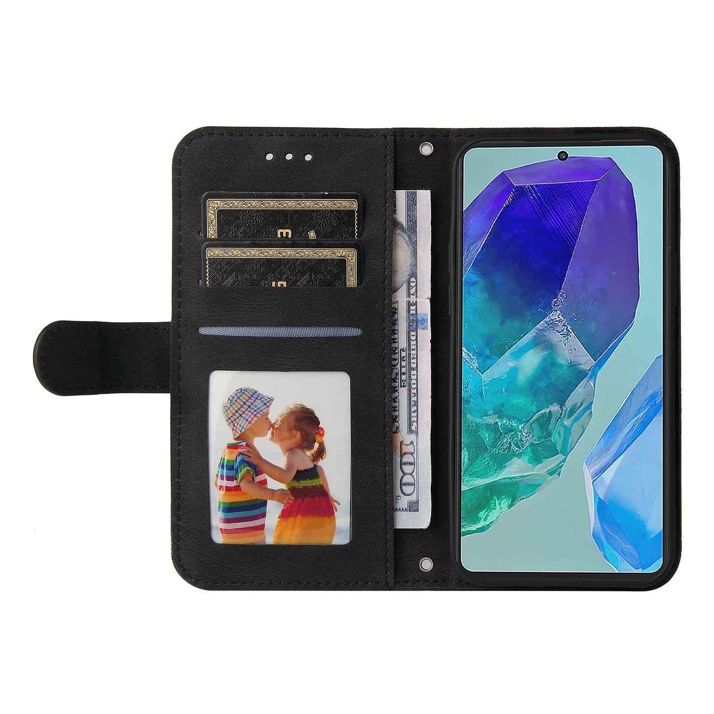 For Samsung Galaxy M55 5G Wallet Case PU Leather Shock Absorbing Phone Cover - Black