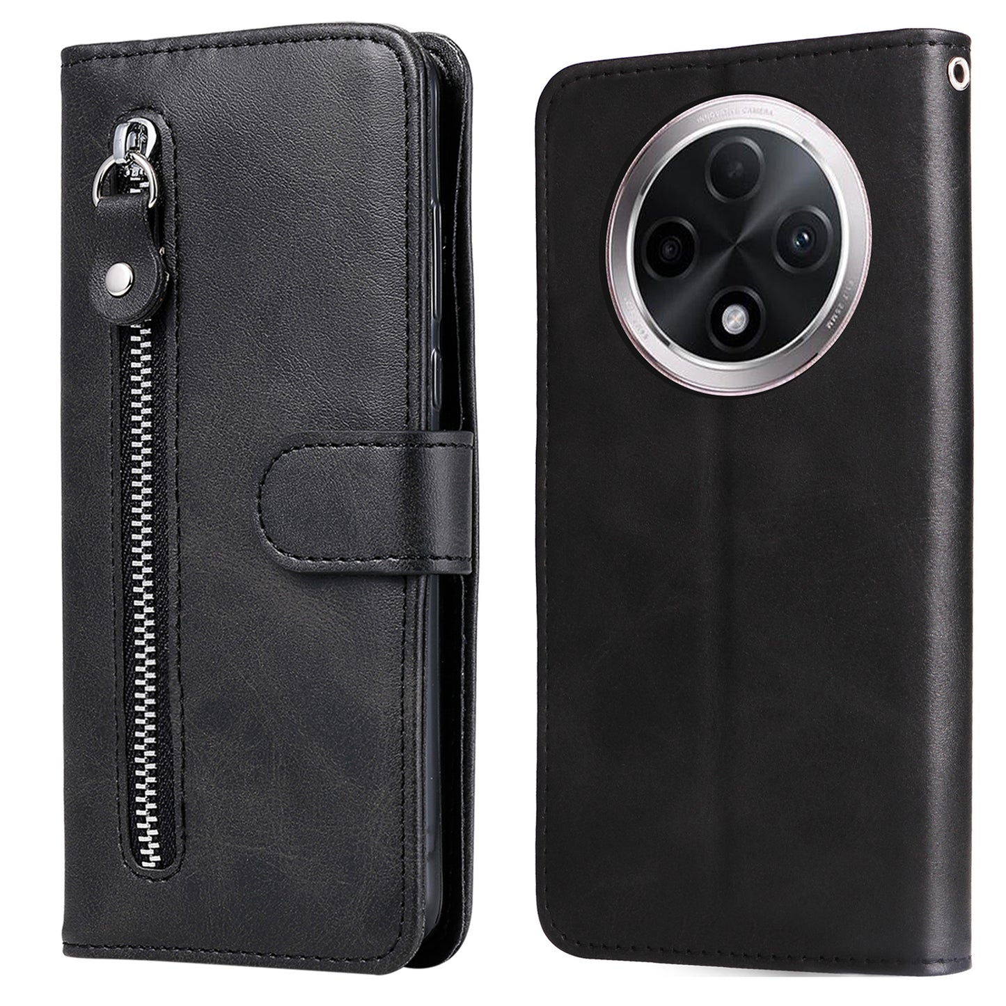 For Oppo A3 Pro 5G Case Calf Texture Zipper Pocket Stand Cell Phone Cover - Black