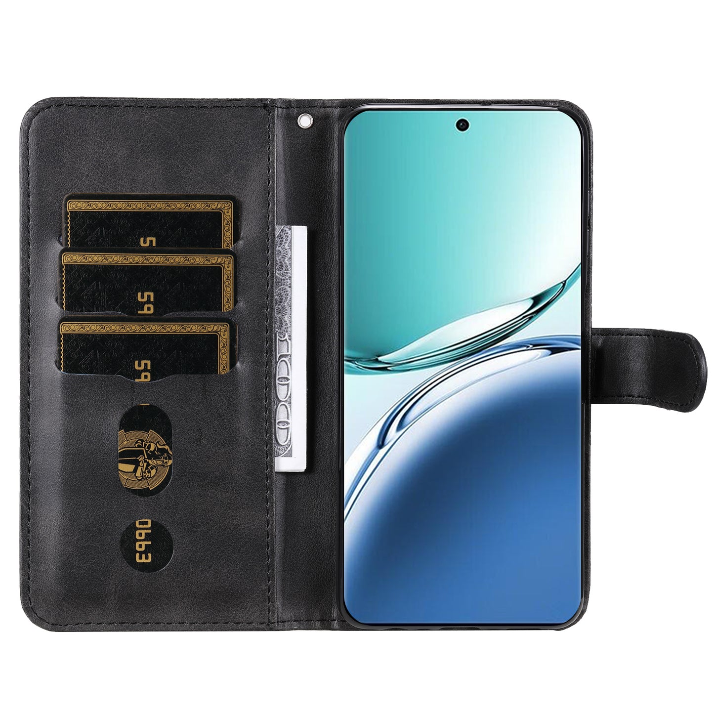 For Oppo A3 Pro 5G Case Calf Texture Zipper Pocket Stand Cell Phone Cover - Black