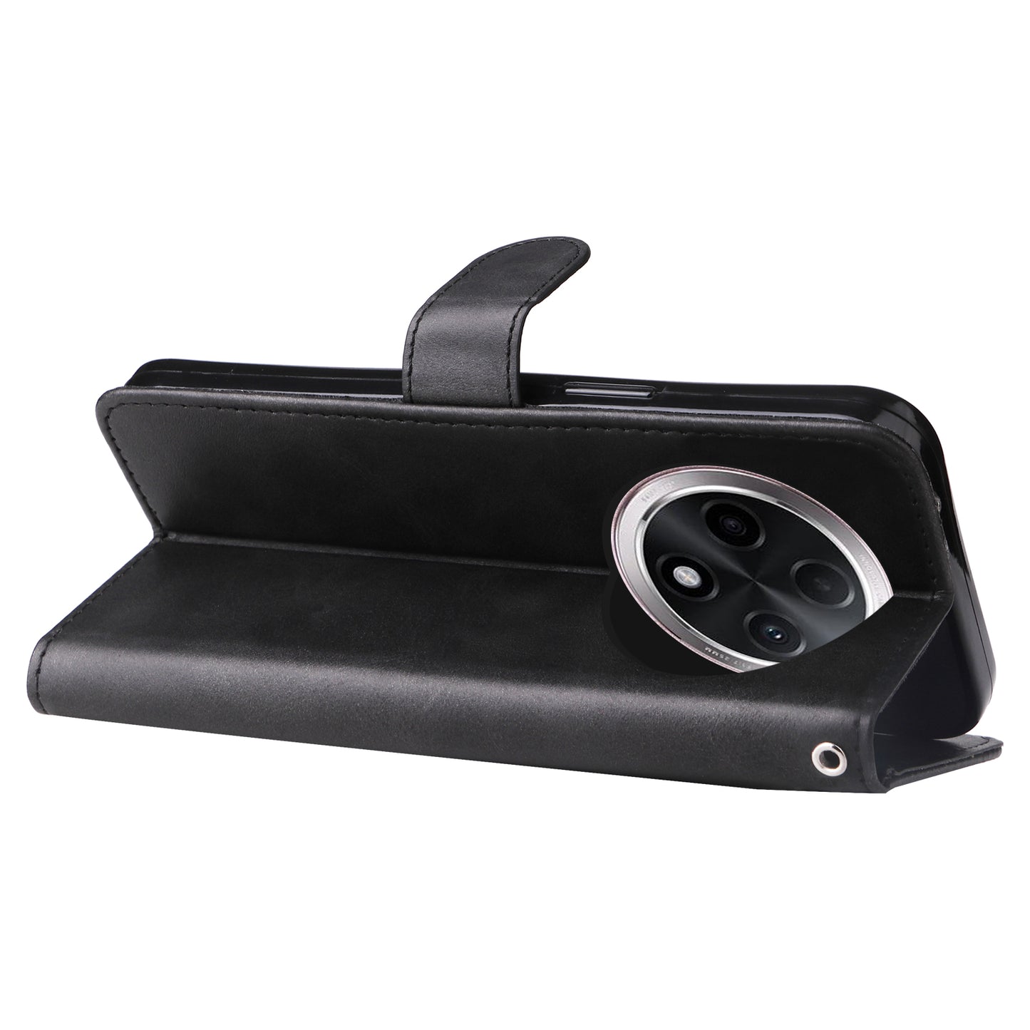 For Oppo A3 Pro 5G Case Calf Texture Zipper Pocket Stand Cell Phone Cover - Black