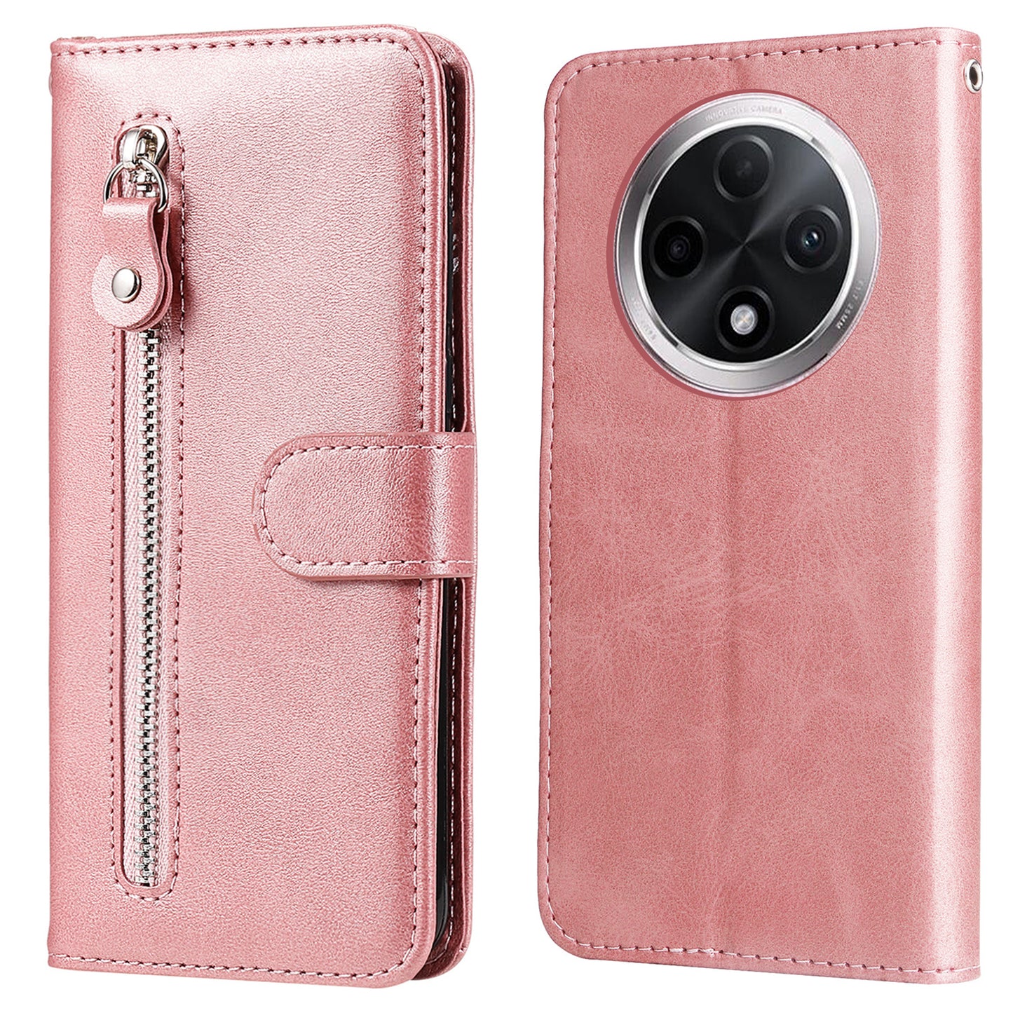 For Oppo A3 Pro 5G Case Calf Texture Zipper Pocket Stand Cell Phone Cover - Pink