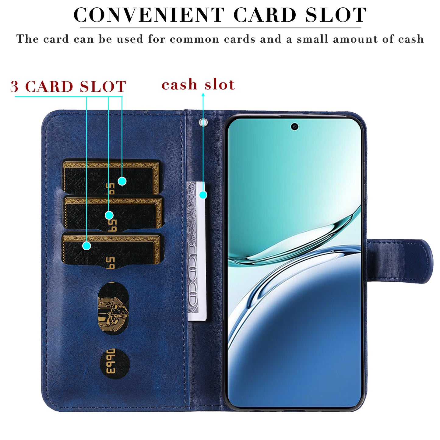 For Oppo A3 Pro 5G Case Calf Texture Zipper Pocket Stand Cell Phone Cover - Blue