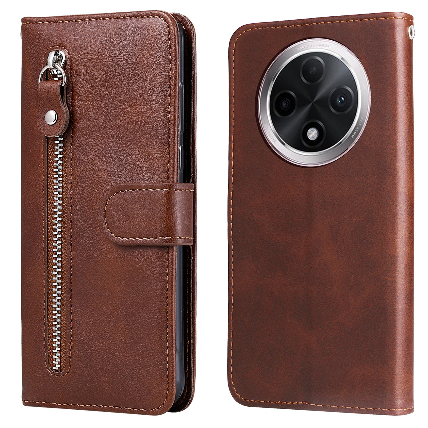 For Oppo A3 Pro 5G Case Calf Texture Zipper Pocket Stand Cell Phone Cover - Brown