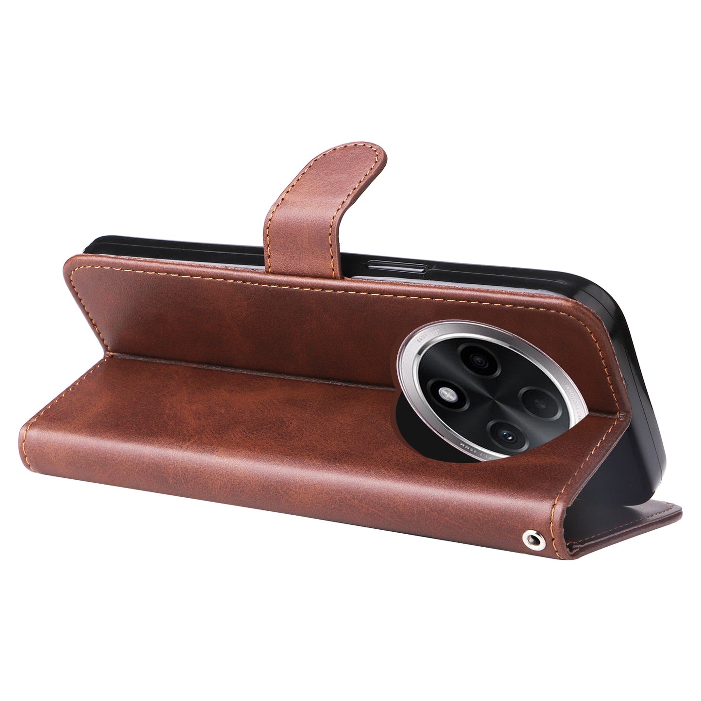 For Oppo A3 Pro 5G Case Calf Texture Zipper Pocket Stand Cell Phone Cover - Brown