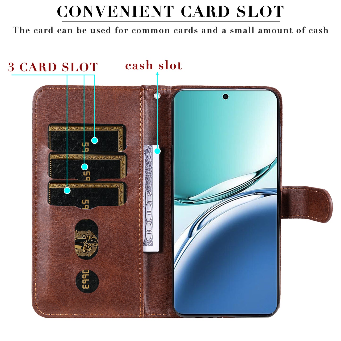 For Oppo A3 Pro 5G Case Calf Texture Zipper Pocket Stand Cell Phone Cover - Brown