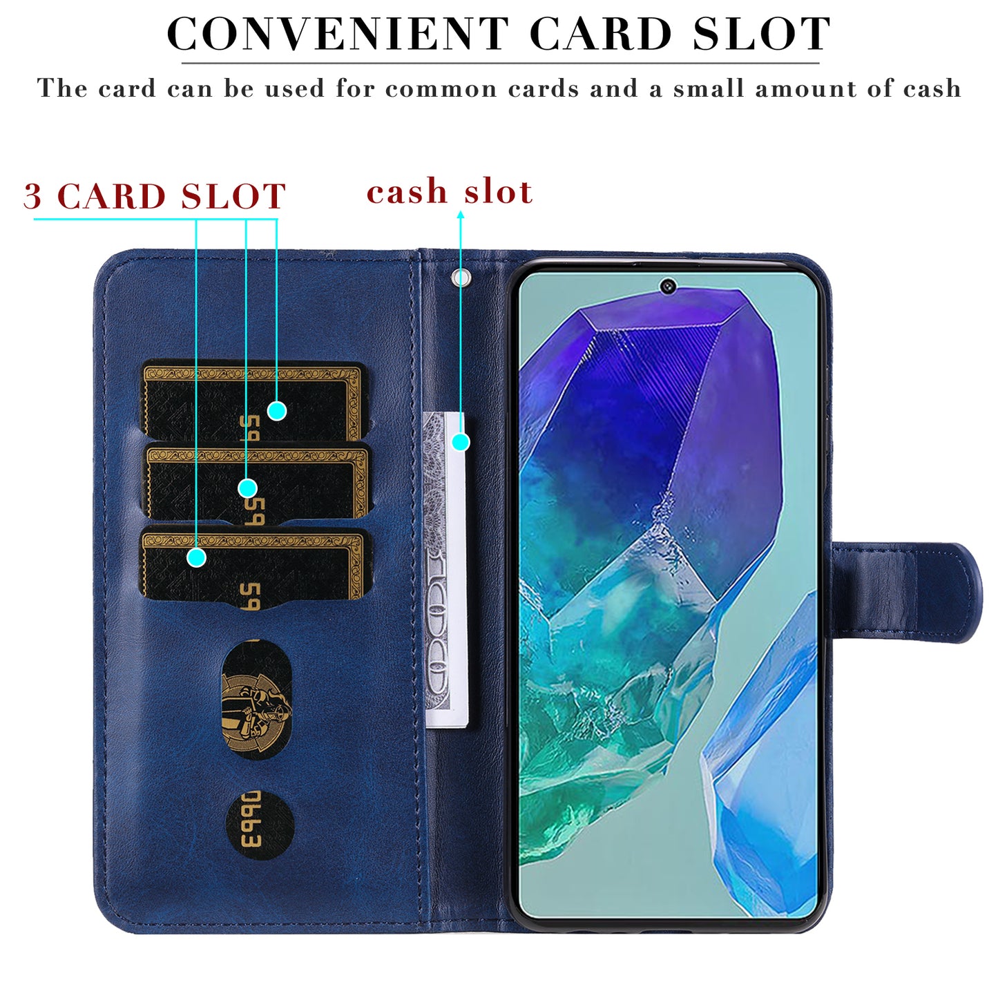 For Samsung Galaxy M55 5G Case Calf Texture Zipper Pocket Wallet Mobile Phone Cover - Blue