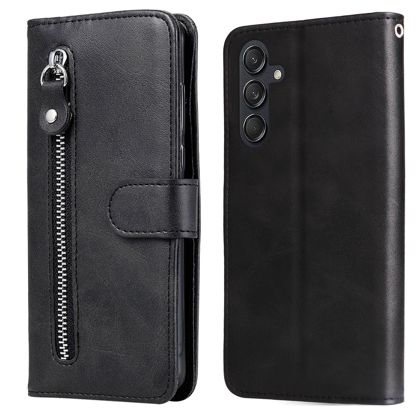 For Samsung Galaxy M55 5G Case Calf Texture Zipper Pocket Wallet Mobile Phone Cover - Black