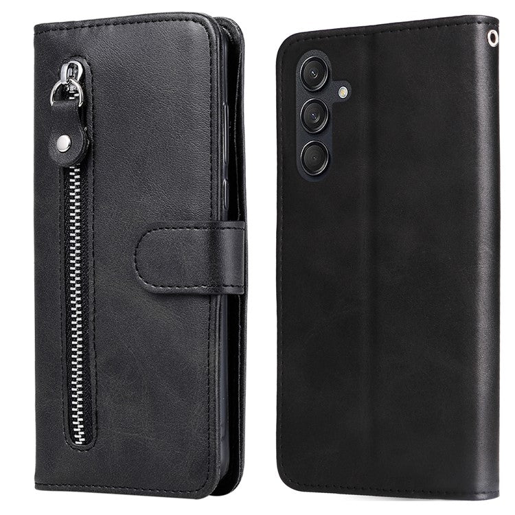 For Samsung Galaxy M55 5G / C55 5G / F55 5G Case Calf Texture Zipper Pocket Wallet Mobile Phone Cover - Black