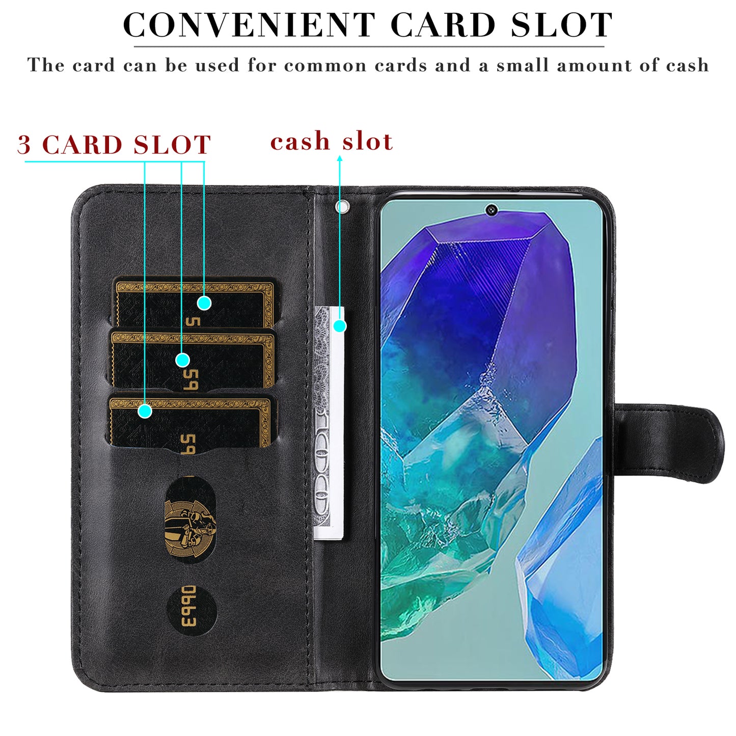 For Samsung Galaxy M55 5G Case Calf Texture Zipper Pocket Wallet Mobile Phone Cover - Black