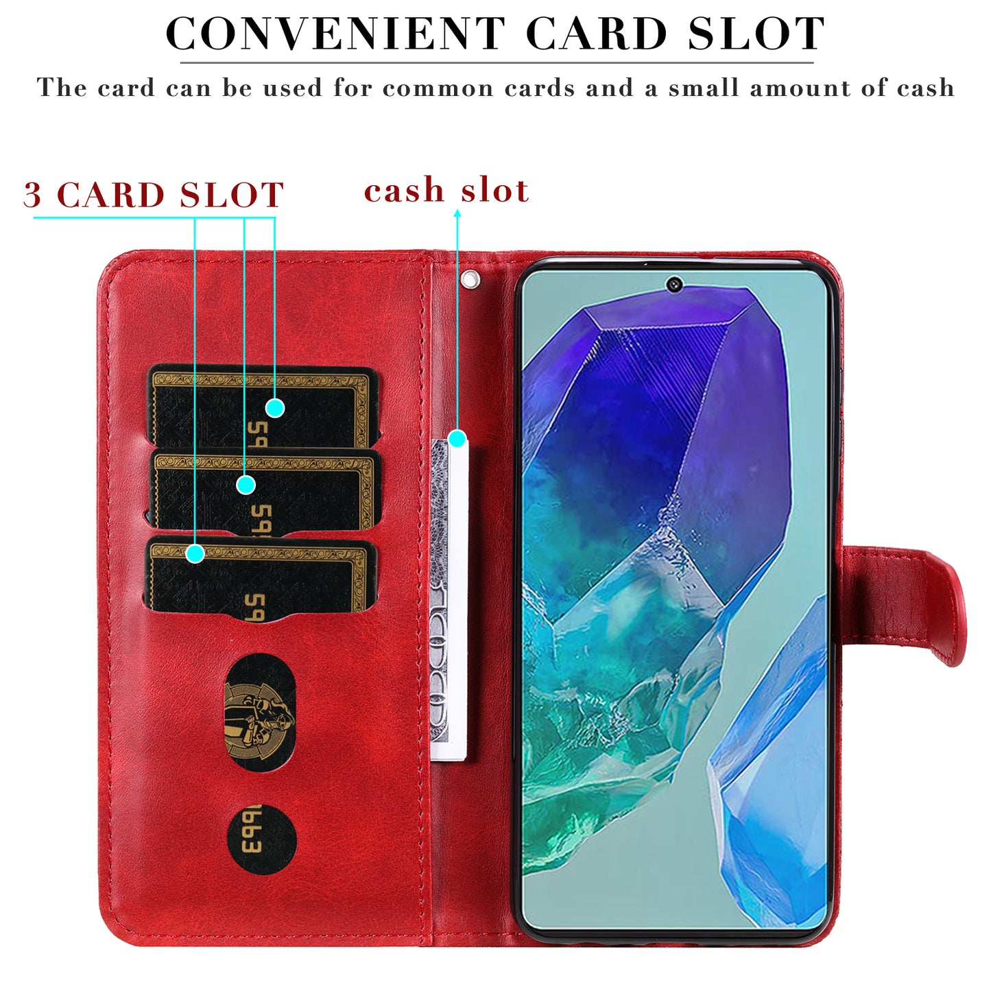 For Samsung Galaxy M55 5G Case Calf Texture Zipper Pocket Wallet Mobile Phone Cover - Red