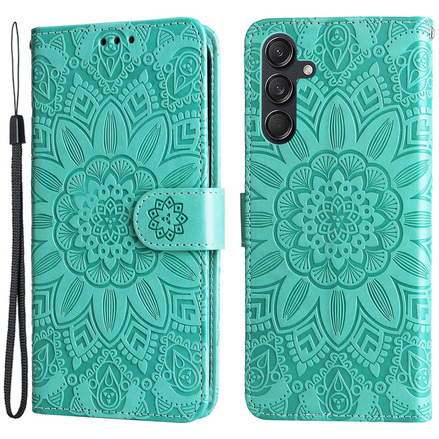 For Samsung Galaxy M55 5G Leather Case Wallet Stand Sunflower Phone Cover - Green