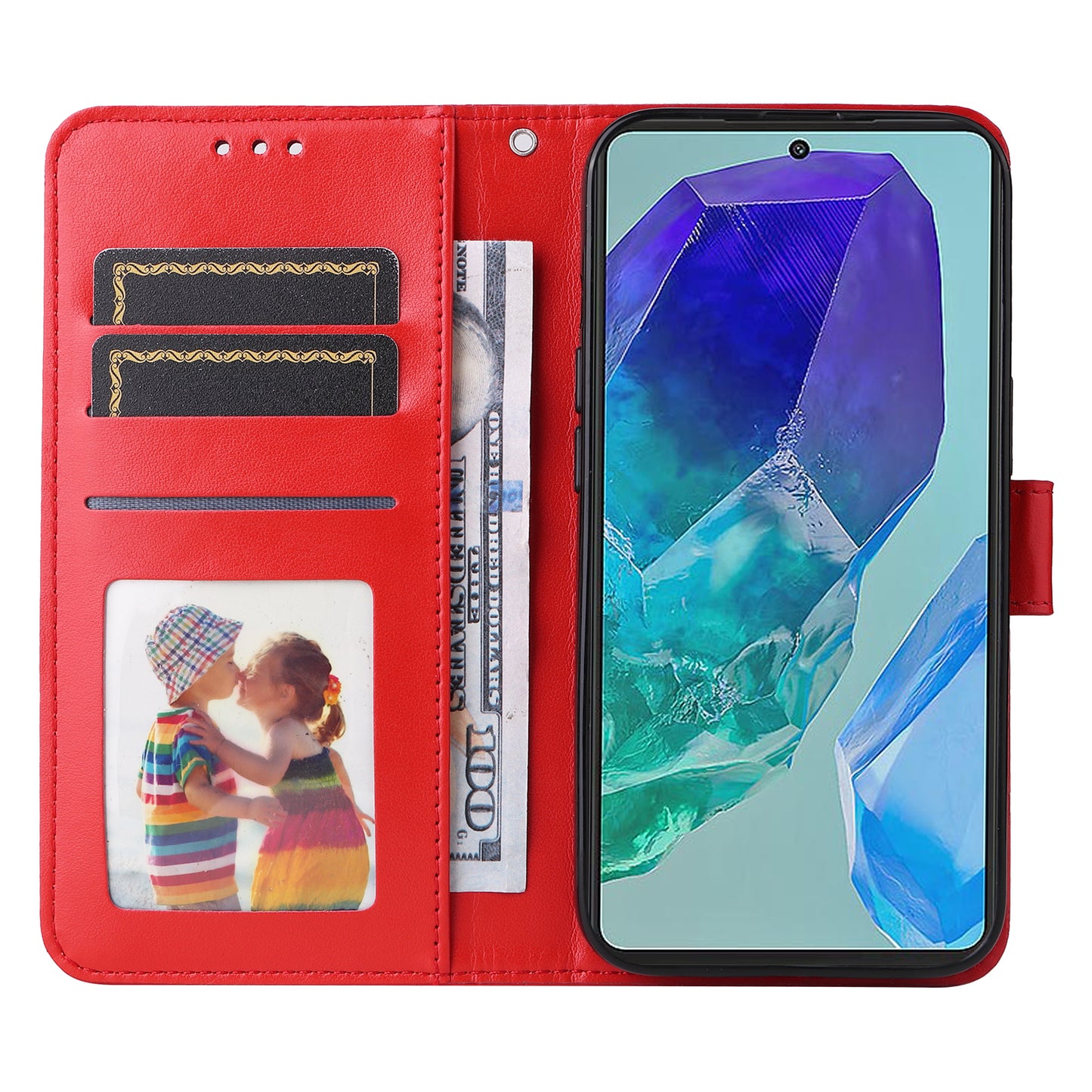 For Samsung Galaxy M55 5G Leather Case Wallet Stand Sunflower Phone Cover - Red