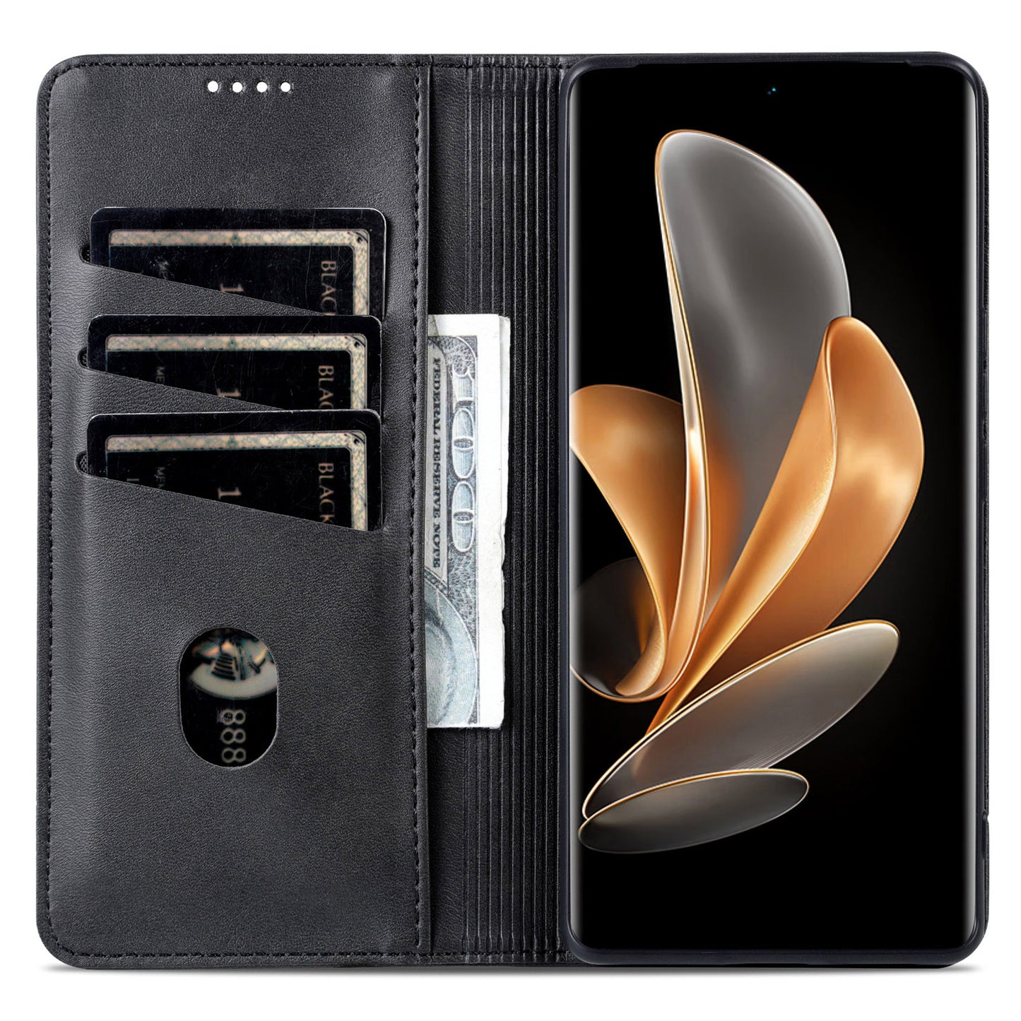 AZNS For Honor Magic6 Pro 5G Magnetic Case Cowhide Texture Leather Phone Stand Cover - Black