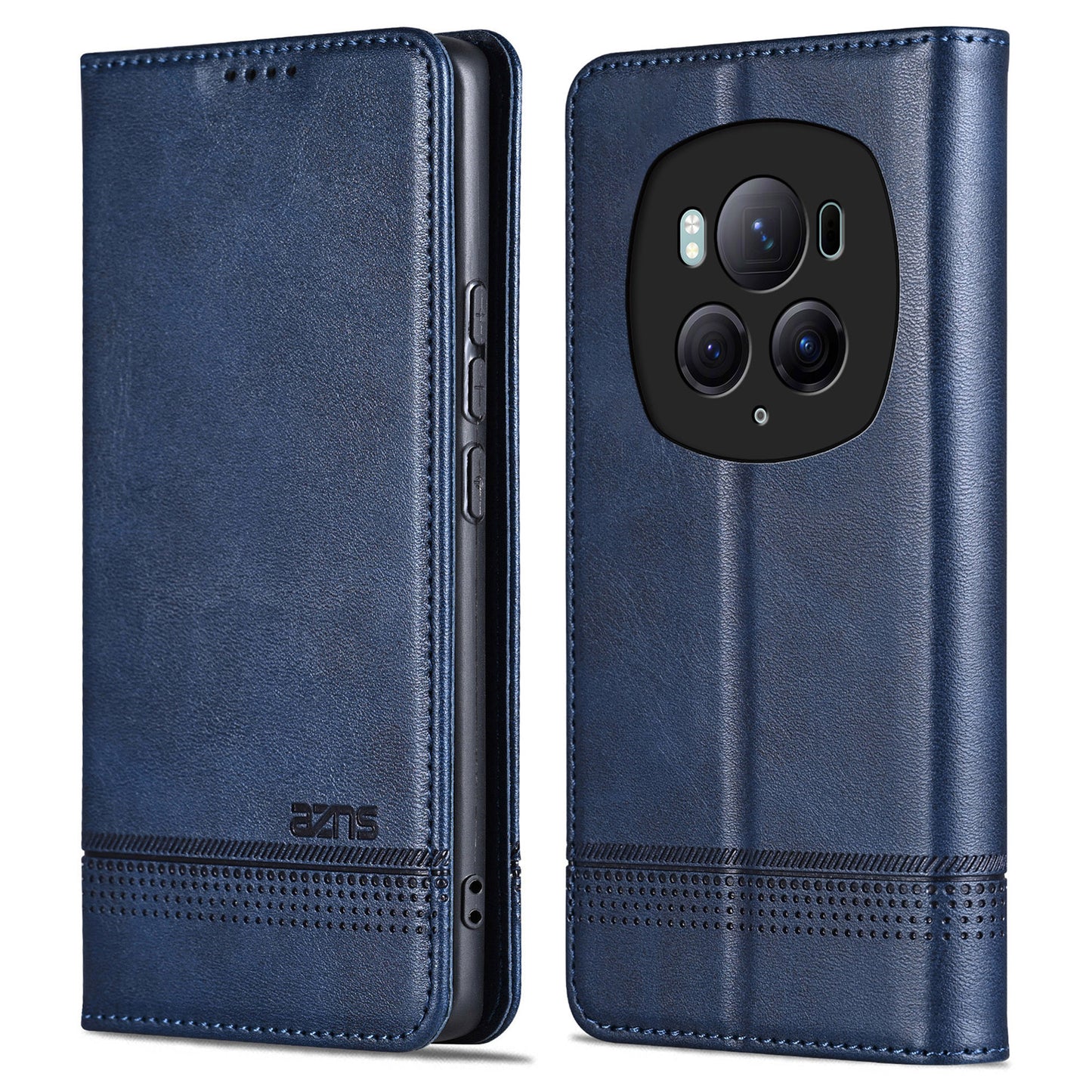 AZNS For Honor Magic6 Pro 5G Magnetic Case Cowhide Texture Leather Phone Stand Cover - Blue