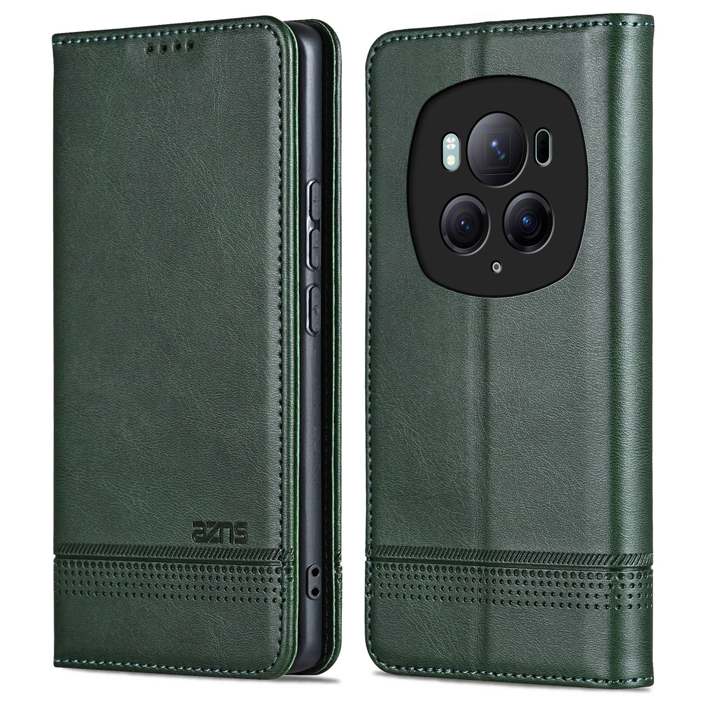 AZNS For Honor Magic6 Pro 5G Magnetic Case Cowhide Texture Leather Phone Stand Cover - Green