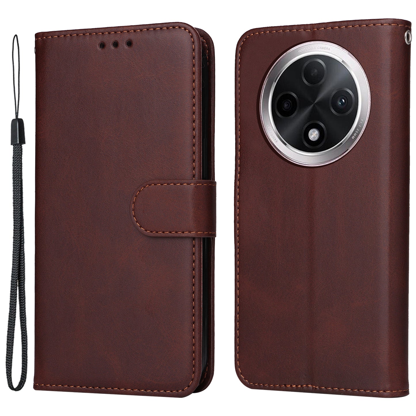 For Oppo A3 Pro 5G Case Leather Viewing Stand Mobile Phone Cover with Wrist Strap - Brown