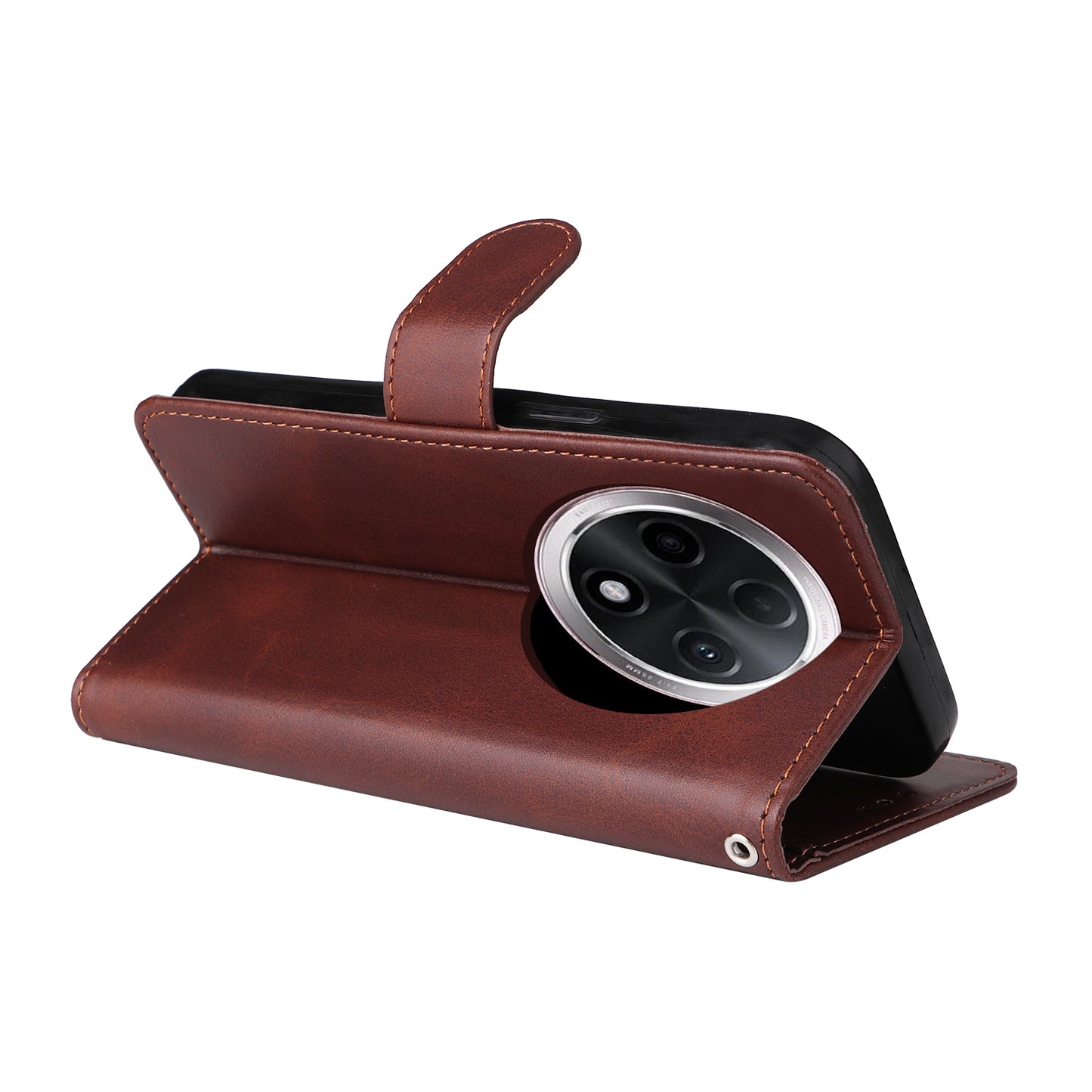 For Oppo A3 Pro 5G Case Leather Viewing Stand Mobile Phone Cover with Wrist Strap - Brown