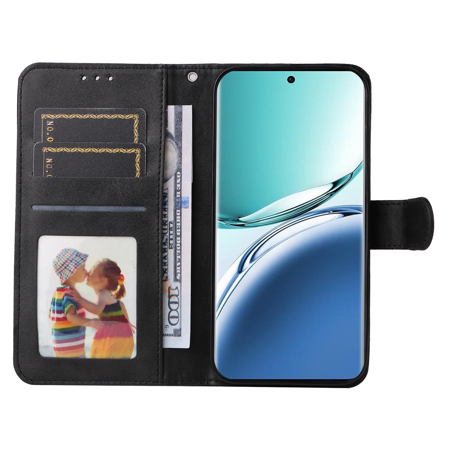 For Oppo A3 Pro 5G Case Leather Viewing Stand Mobile Phone Cover with Wrist Strap - Black