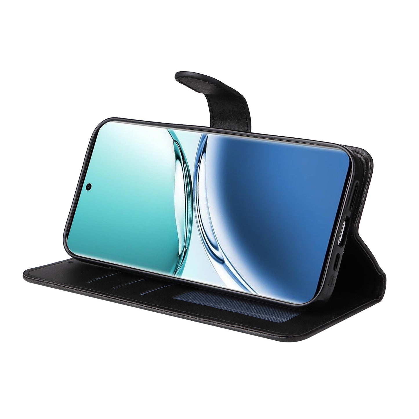 For Oppo A3 Pro 5G Case Leather Viewing Stand Mobile Phone Cover with Wrist Strap - Black