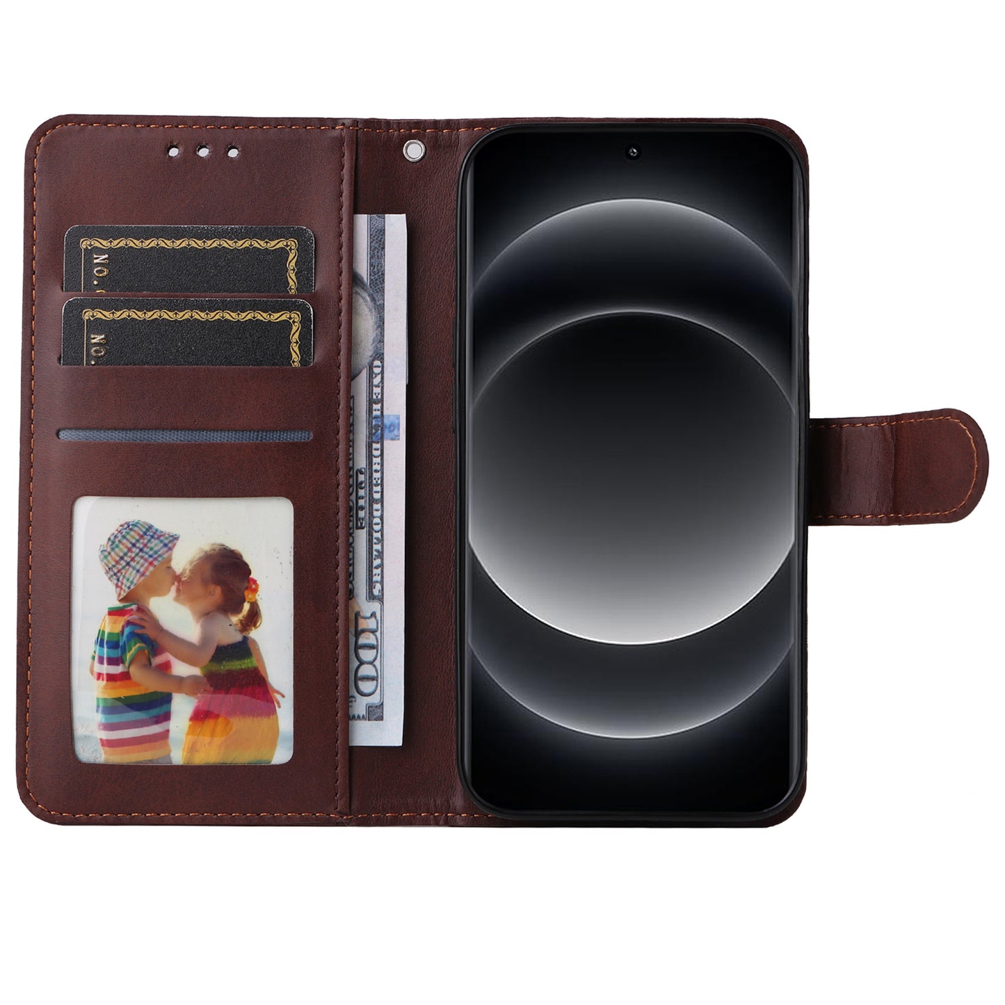 For Xiaomi 14 Ultra Case 3 Slots Holder Calf Texture Magnetic Clasp Phone Cover - Brown