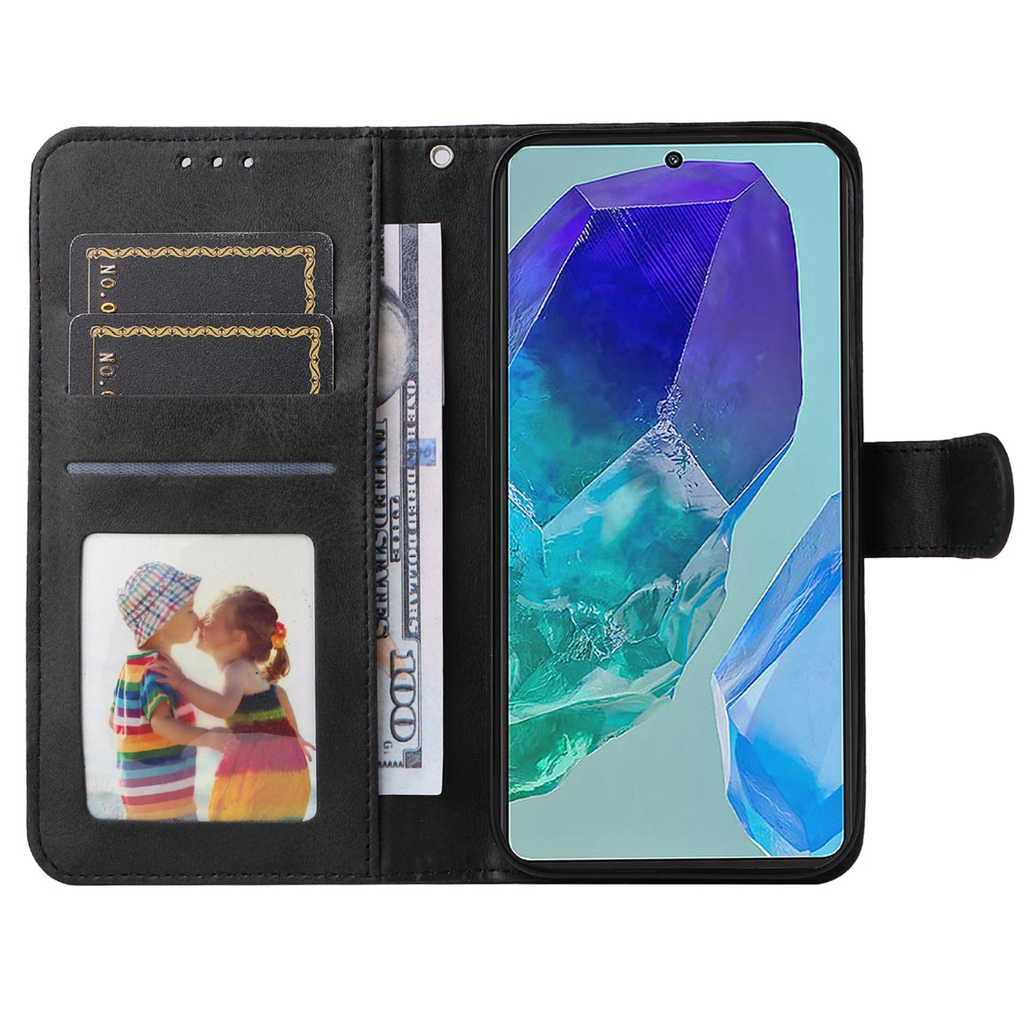 For Samsung Galaxy M55 5G Leather Case with 3 Card Slots Holder Mobile Phone Cover - Black