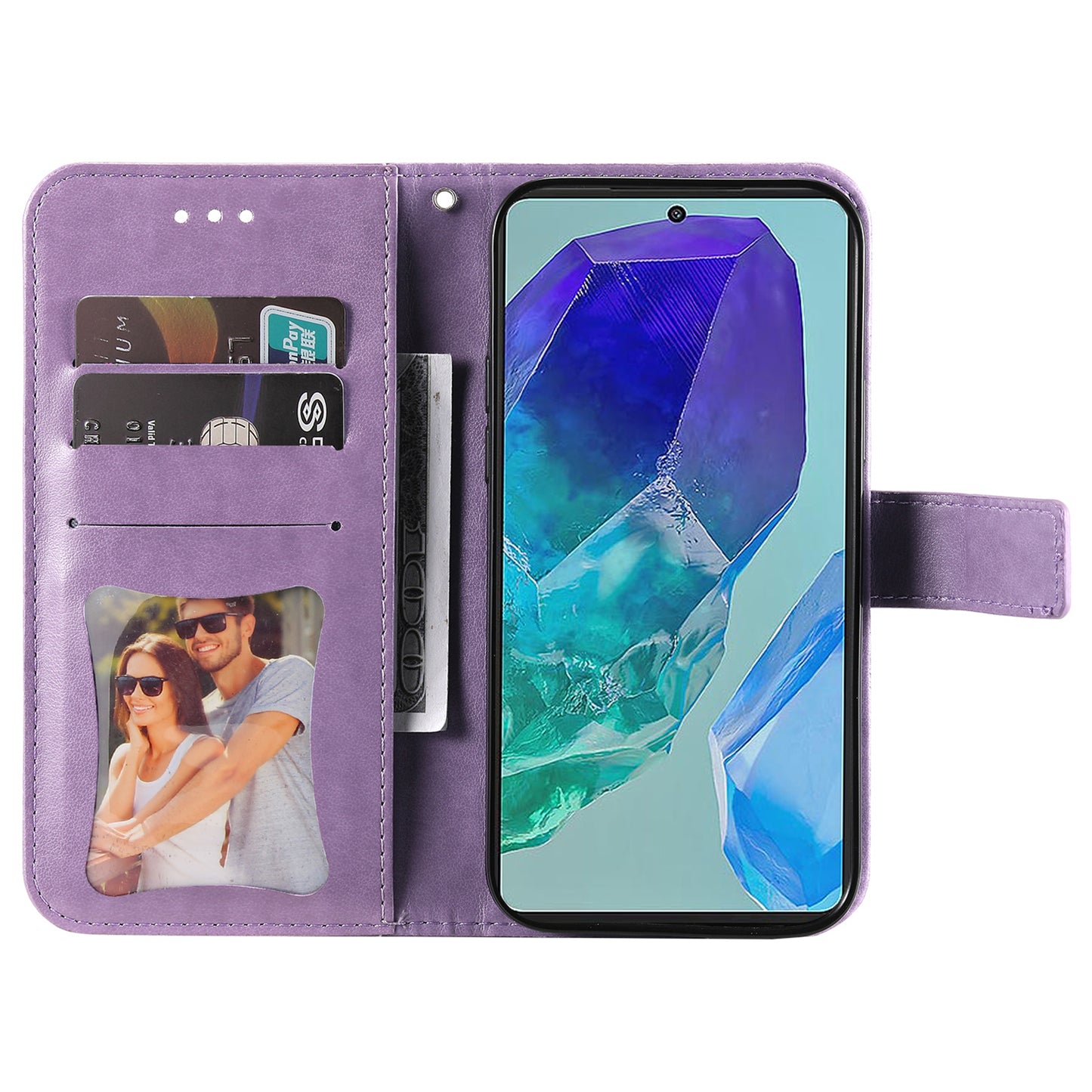 For Samsung Galaxy M55 5G Case Flower Imprinted Leather Phone Wallet Cover - Purple
