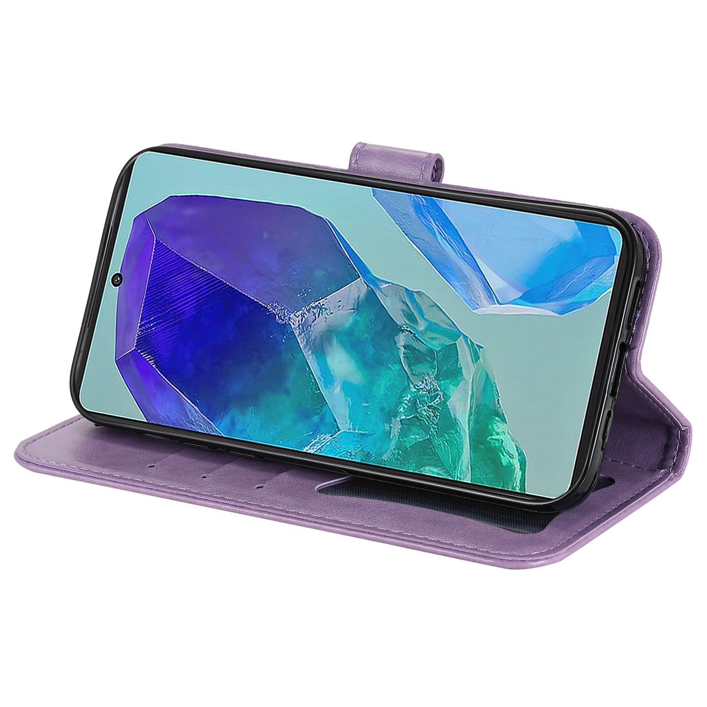 For Samsung Galaxy M55 5G Case Flower Imprinted Leather Phone Wallet Cover - Purple