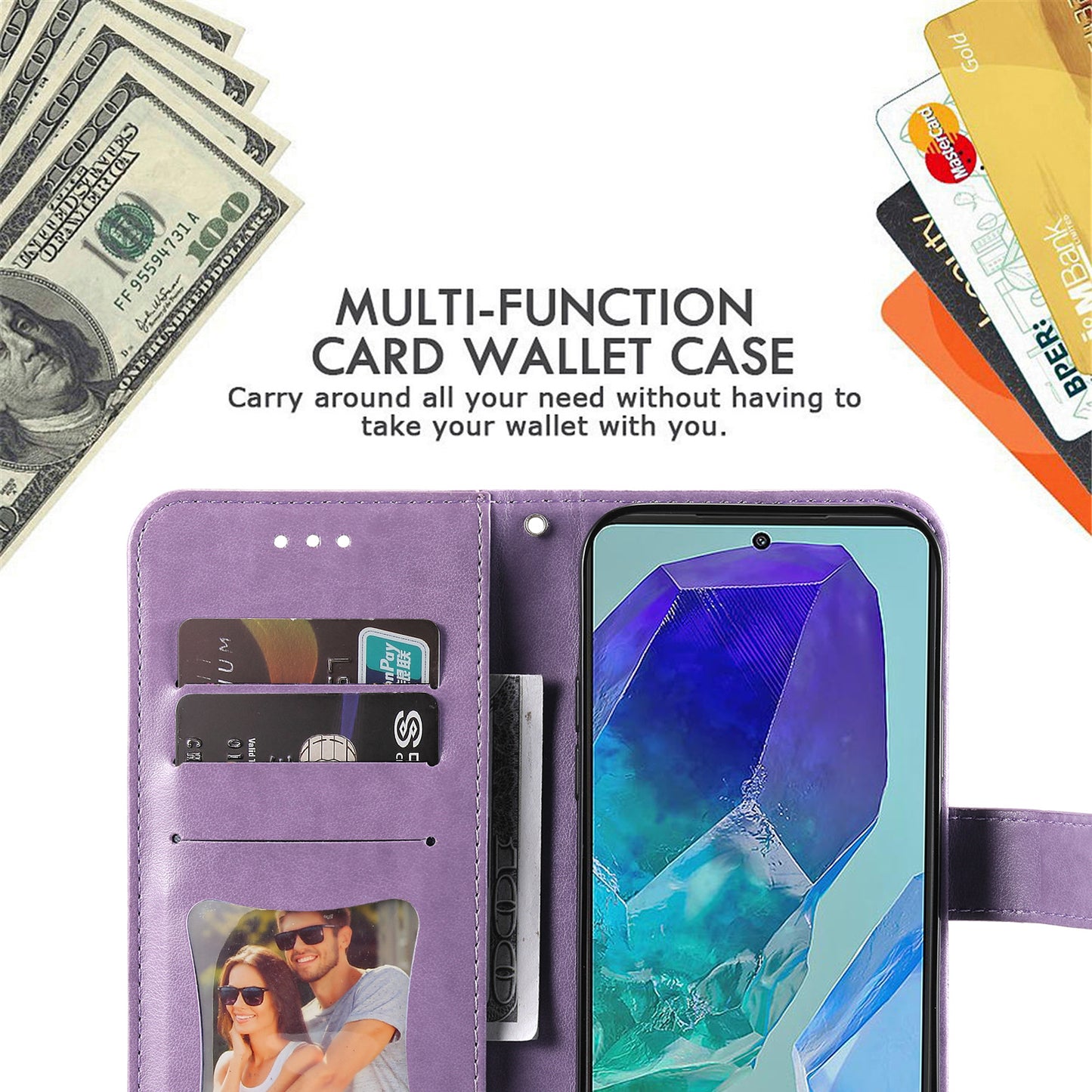For Samsung Galaxy M55 5G Case Flower Imprinted Leather Phone Wallet Cover - Purple