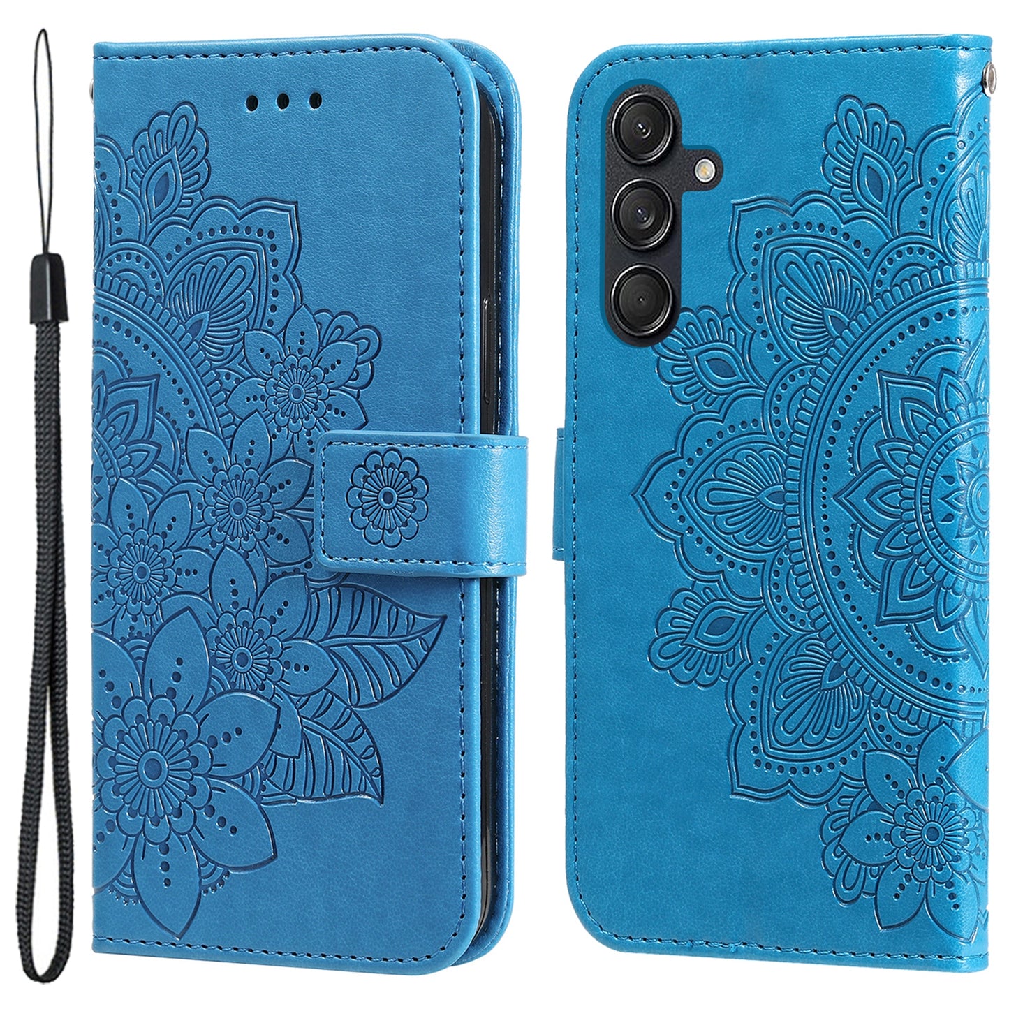 For Samsung Galaxy M55 5G Case Flower Imprinted Leather Phone Wallet Cover - Blue