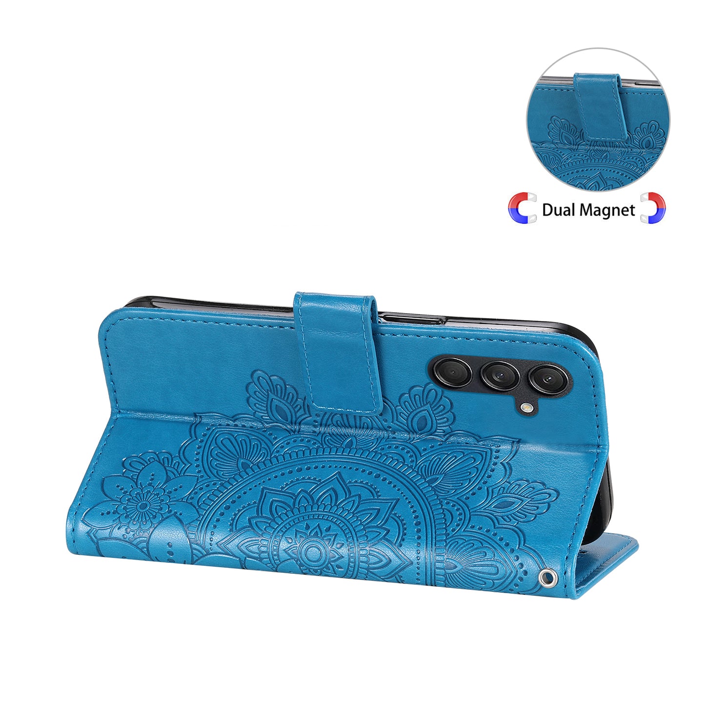 For Samsung Galaxy M55 5G Case Flower Imprinted Leather Phone Wallet Cover - Blue