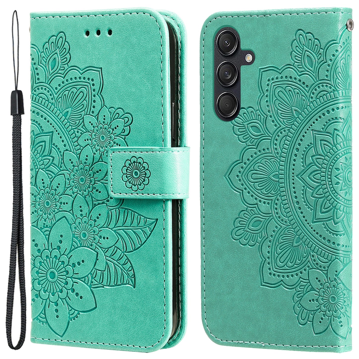 For Samsung Galaxy M55 5G Case Flower Imprinted Leather Phone Wallet Cover - Green