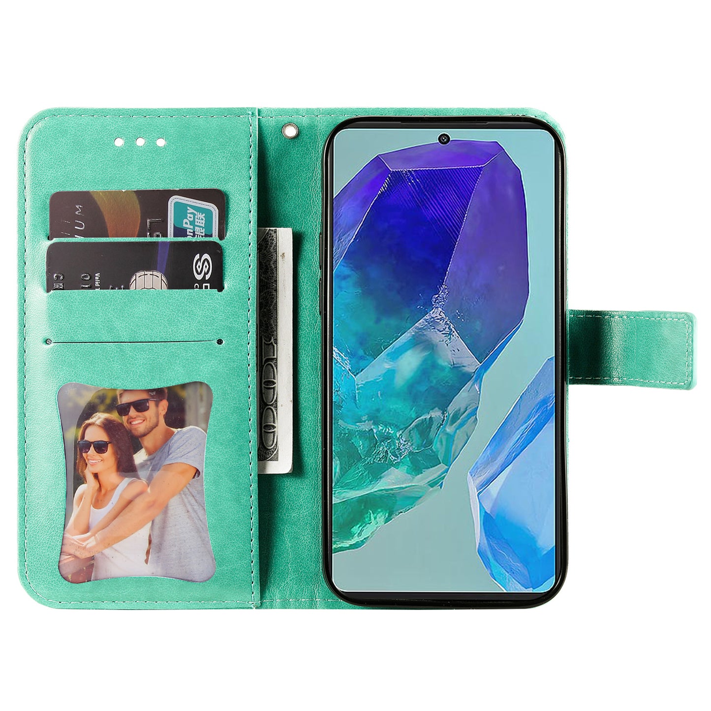 For Samsung Galaxy M55 5G Case Flower Imprinted Leather Phone Wallet Cover - Green