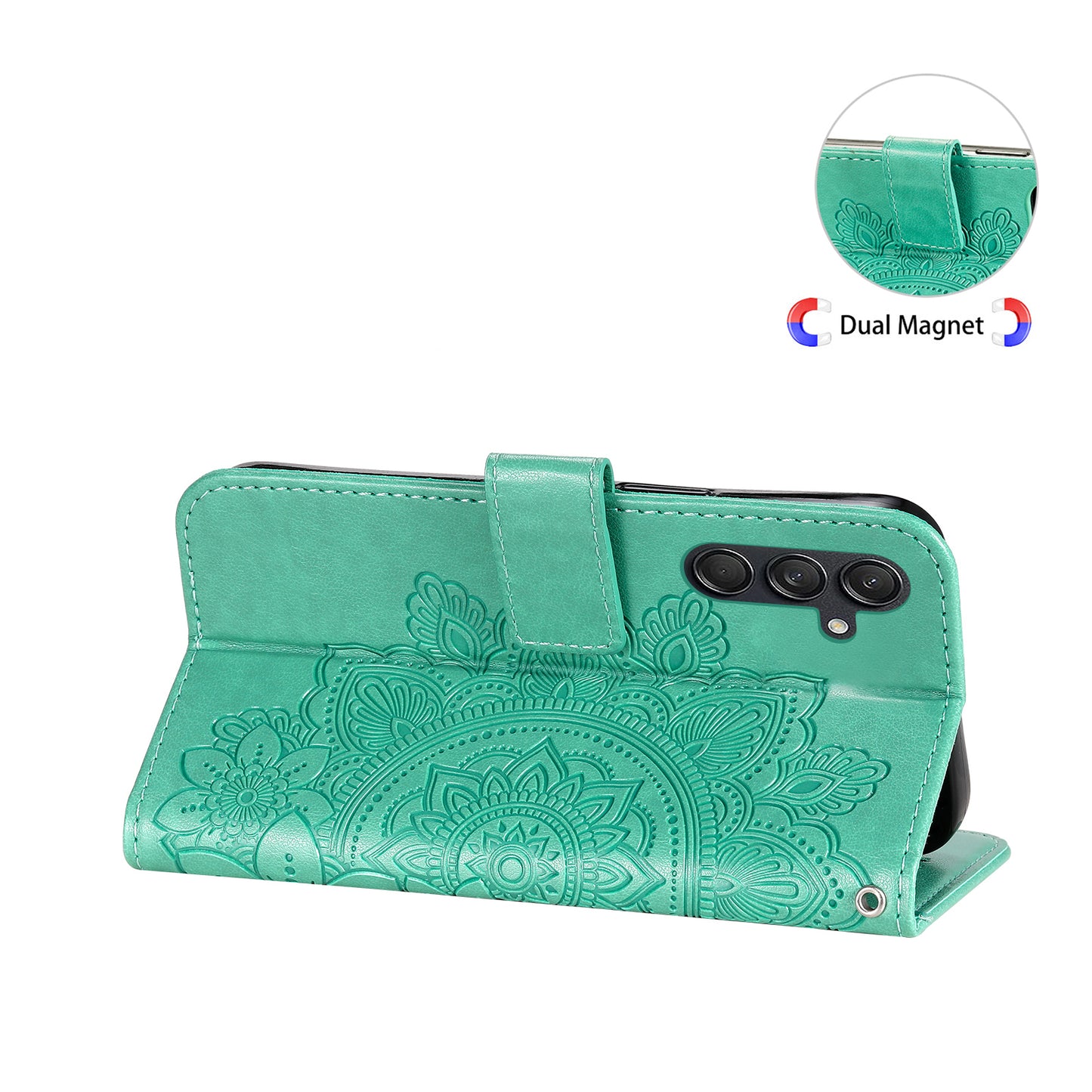 For Samsung Galaxy M55 5G Case Flower Imprinted Leather Phone Wallet Cover - Green