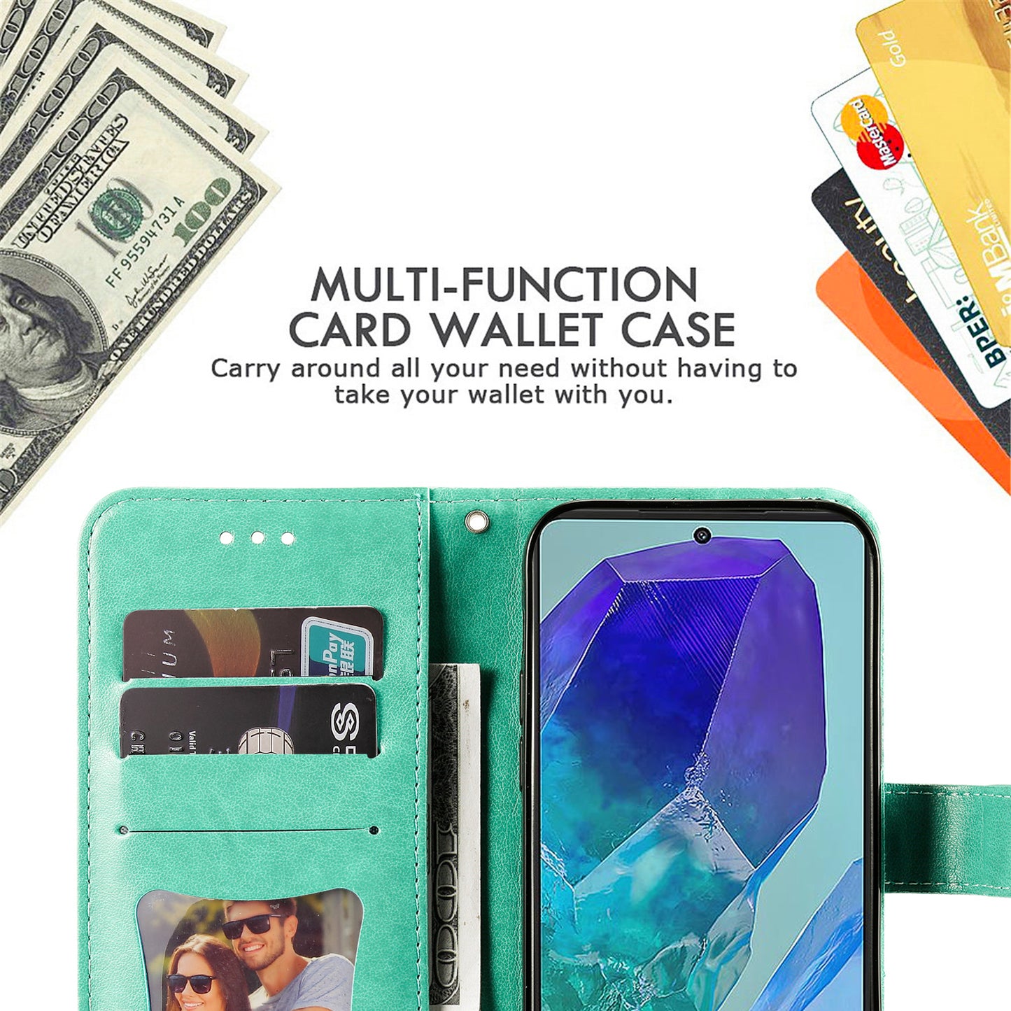 For Samsung Galaxy M55 5G Case Flower Imprinted Leather Phone Wallet Cover - Green