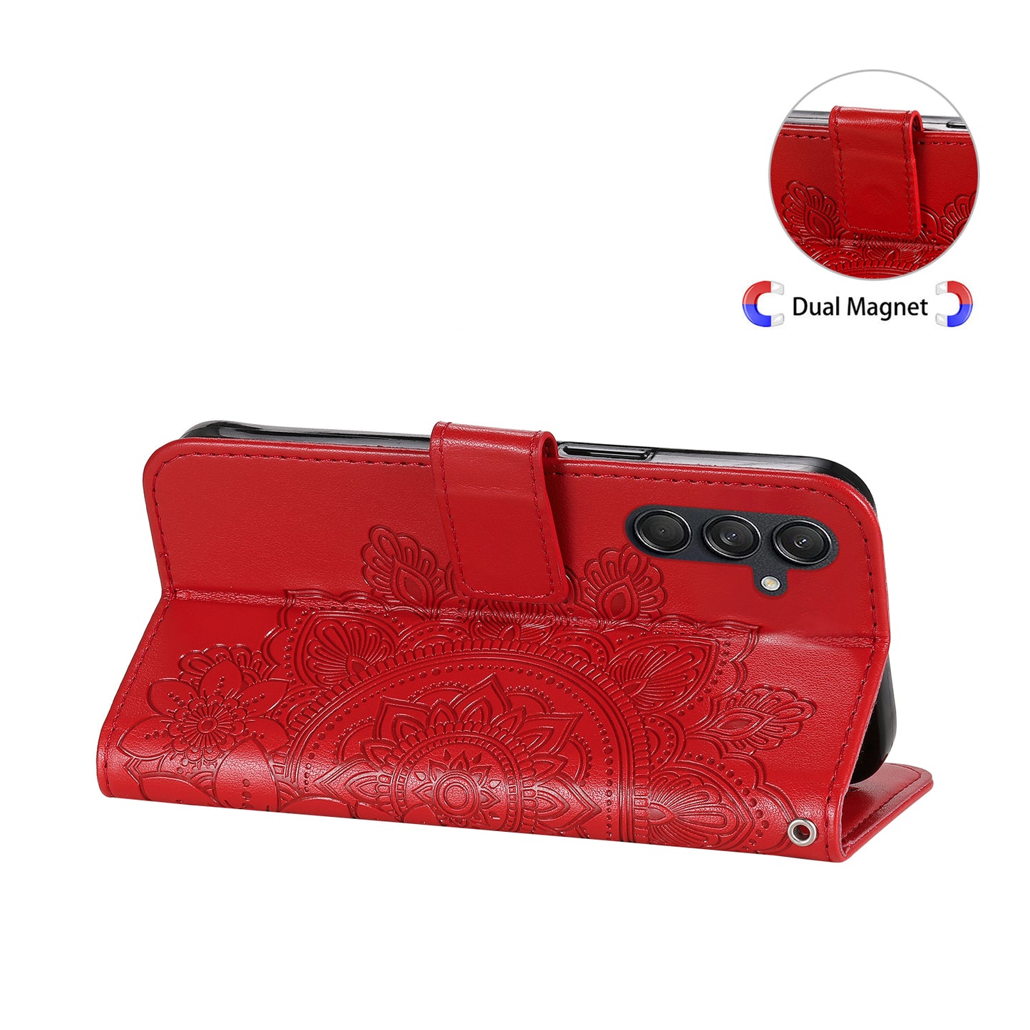 For Samsung Galaxy M55 5G Case Flower Imprinted Leather Phone Wallet Cover - Red