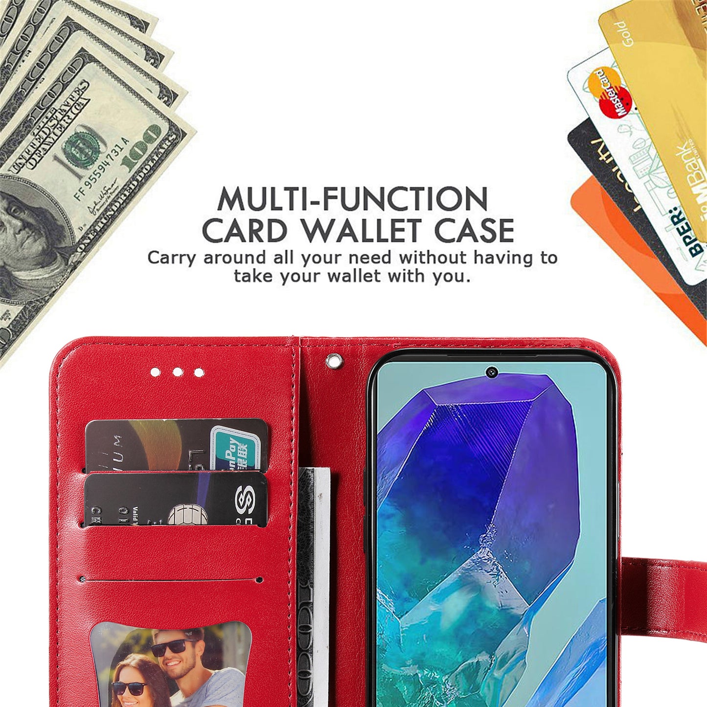 For Samsung Galaxy M55 5G Case Flower Imprinted Leather Phone Wallet Cover - Red