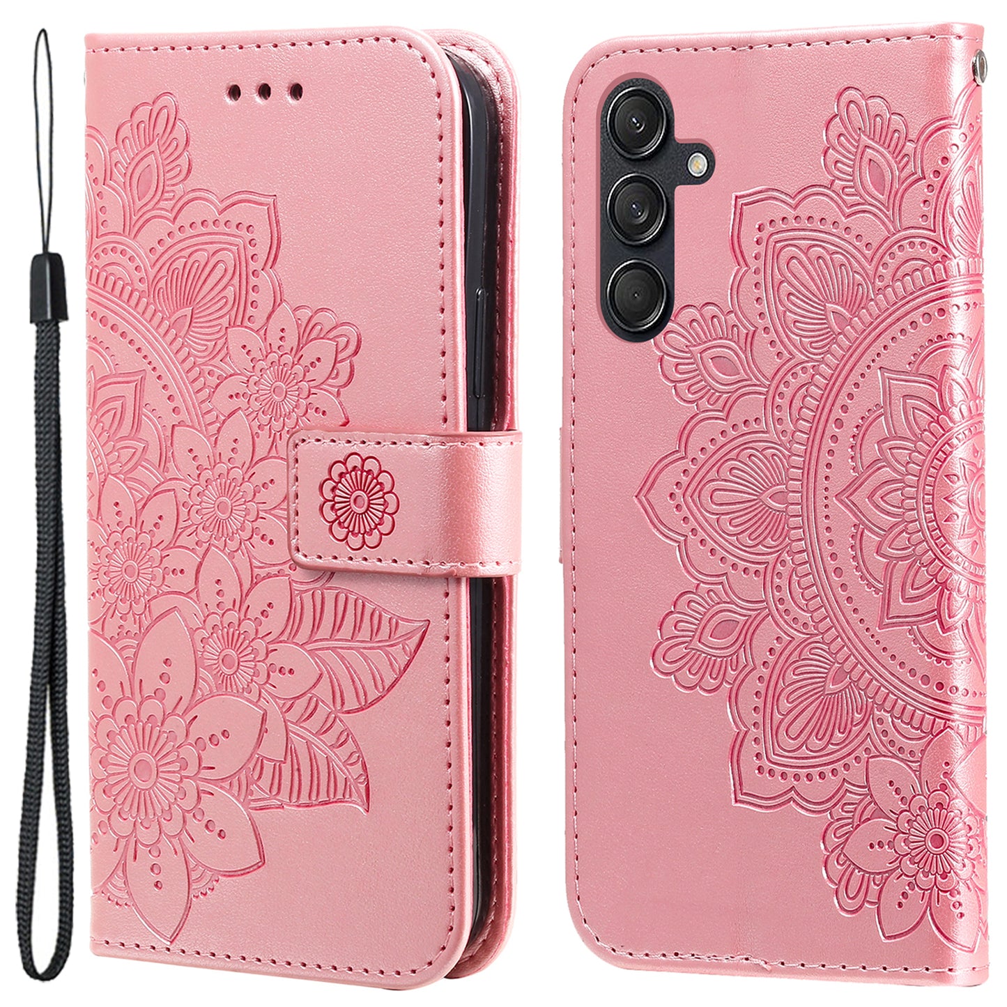 For Samsung Galaxy M55 5G Case Flower Imprinted Leather Phone Wallet Cover - Pink