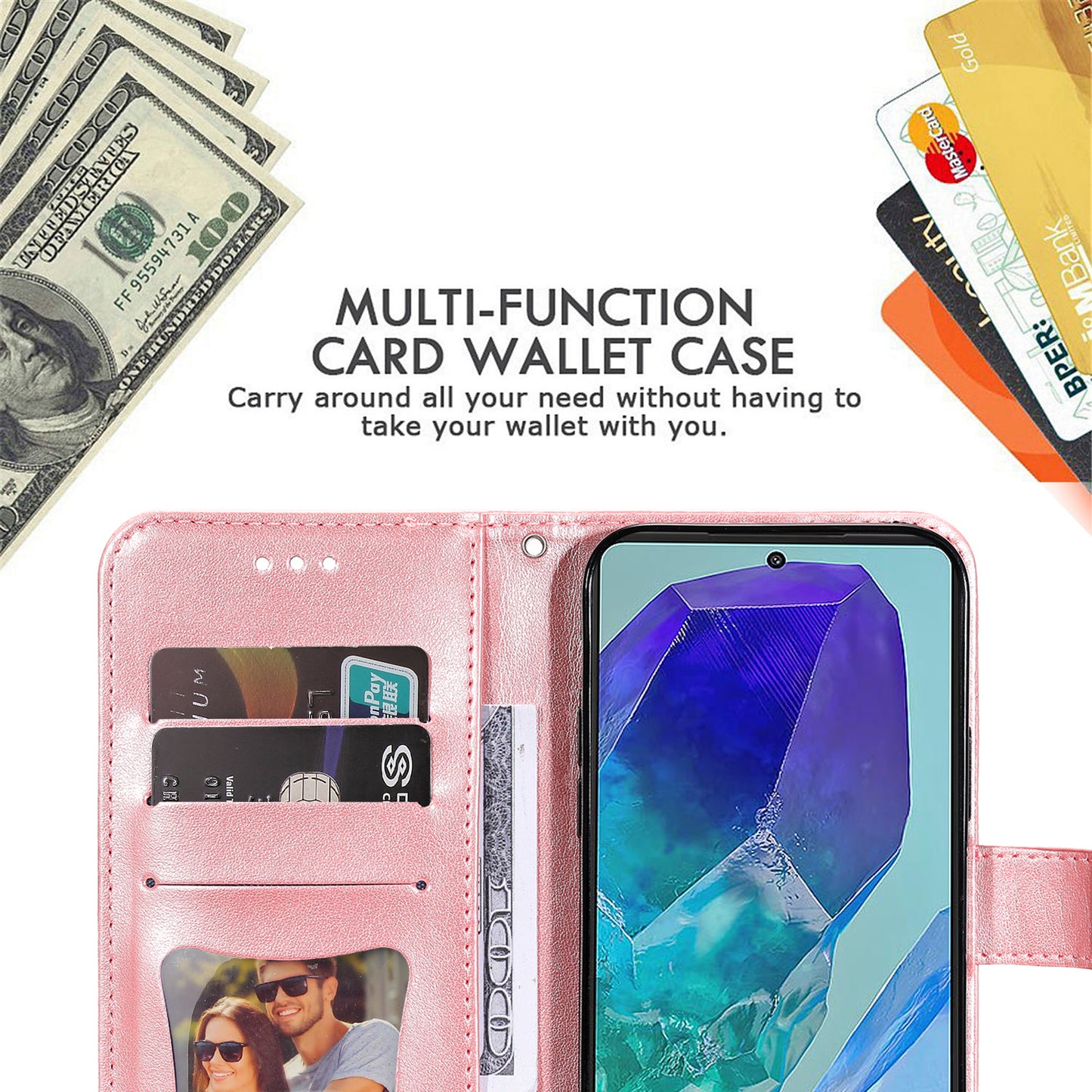 For Samsung Galaxy M55 5G Case Flower Imprinted Leather Phone Wallet Cover - Pink