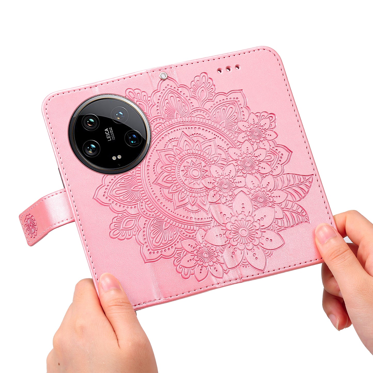For Xiaomi 14 Ultra Wallet Case Flower Imprinted Leather Phone Cover - Pink
