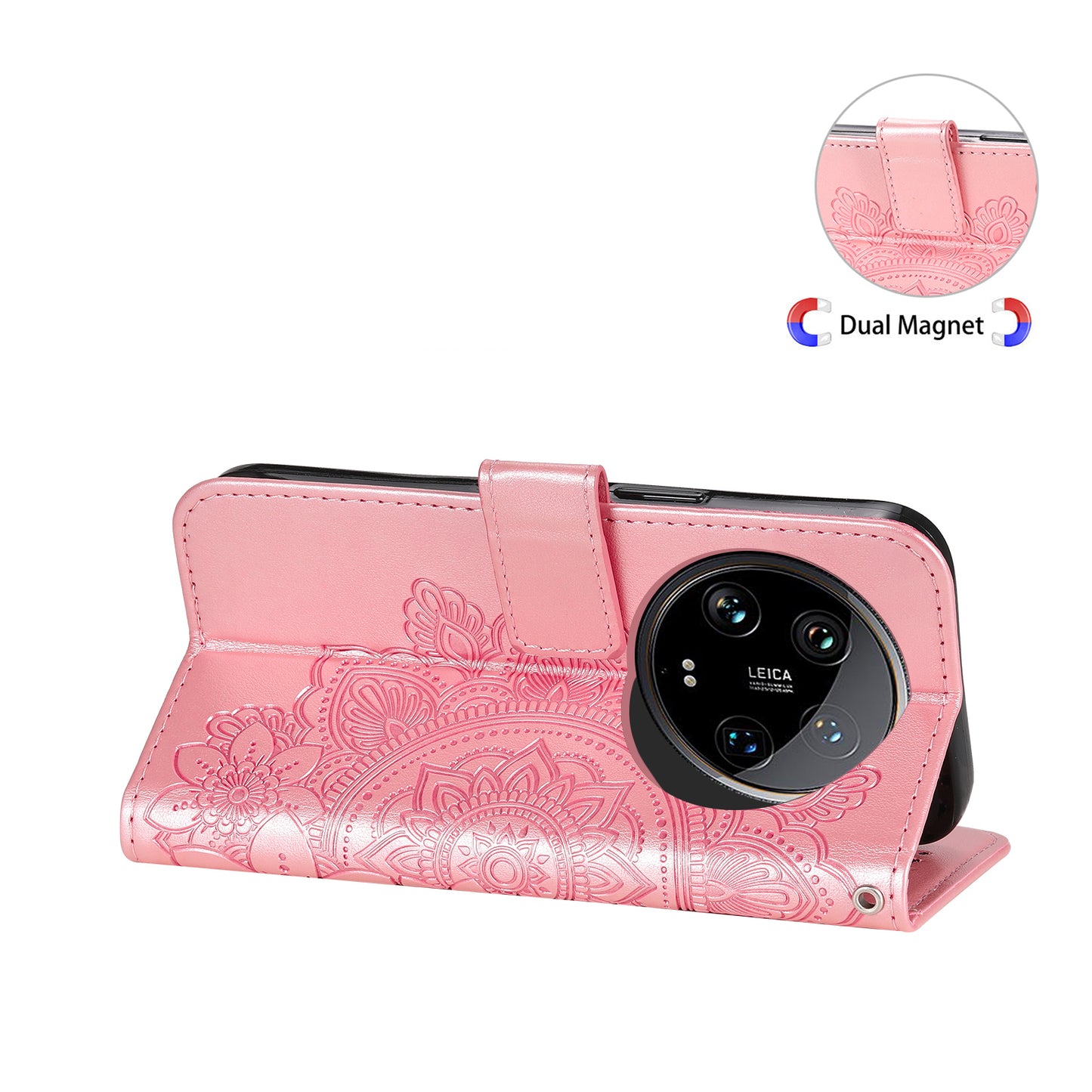 For Xiaomi 14 Ultra Wallet Case Flower Imprinted Leather Phone Cover - Pink